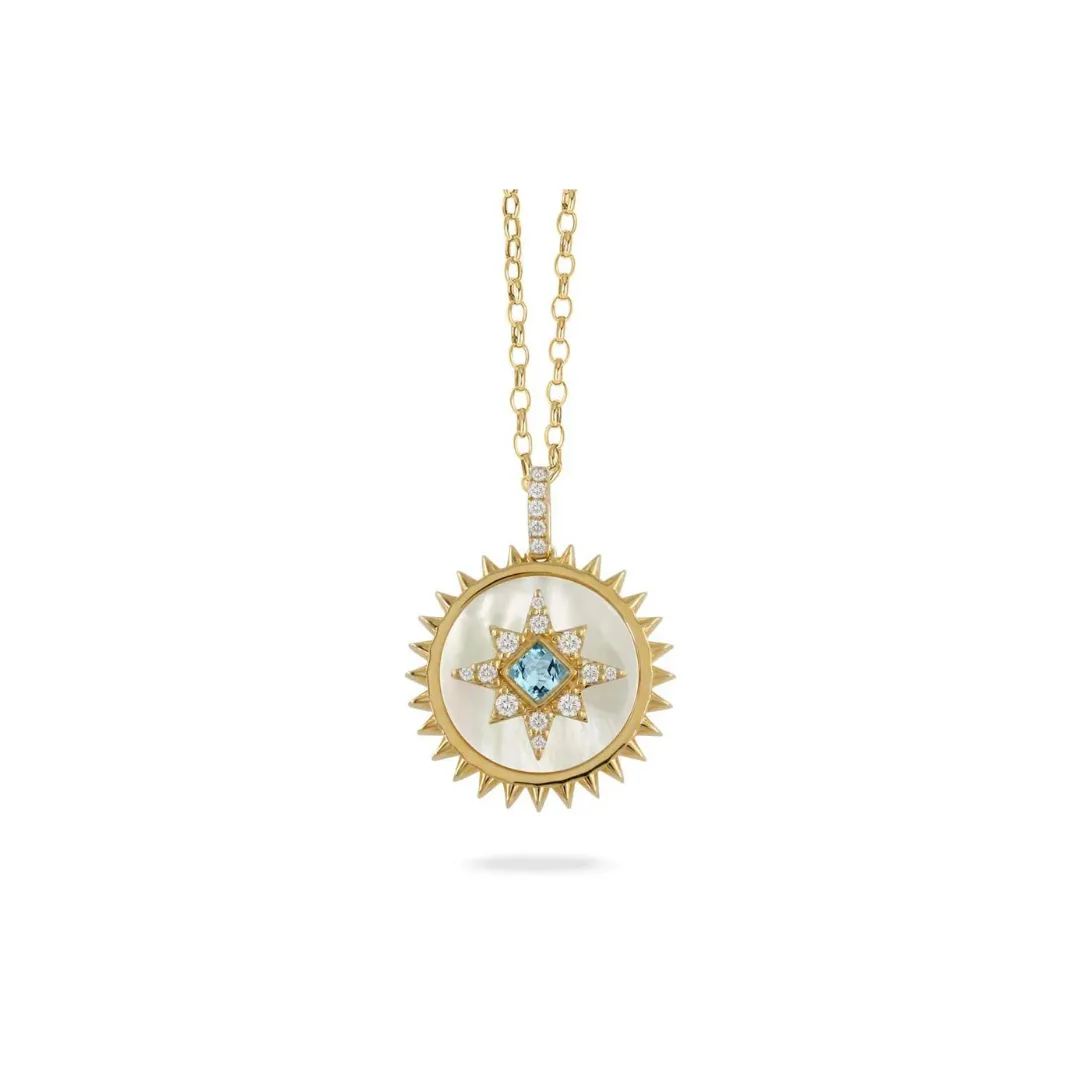 18kt Yellow Gold Diamond Medallion with Mother of Pearl and Blue Topaz Center