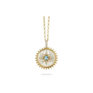 18kt Yellow Gold Diamond Medallion with Mother of Pearl and Blue Topaz Center