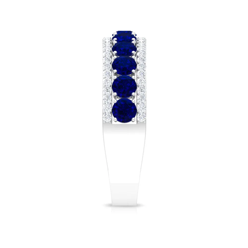 2 CT Created Blue Sapphire Anniversary Ring with Diamond Accent