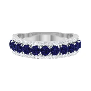 2 CT Created Blue Sapphire Anniversary Ring with Diamond Accent