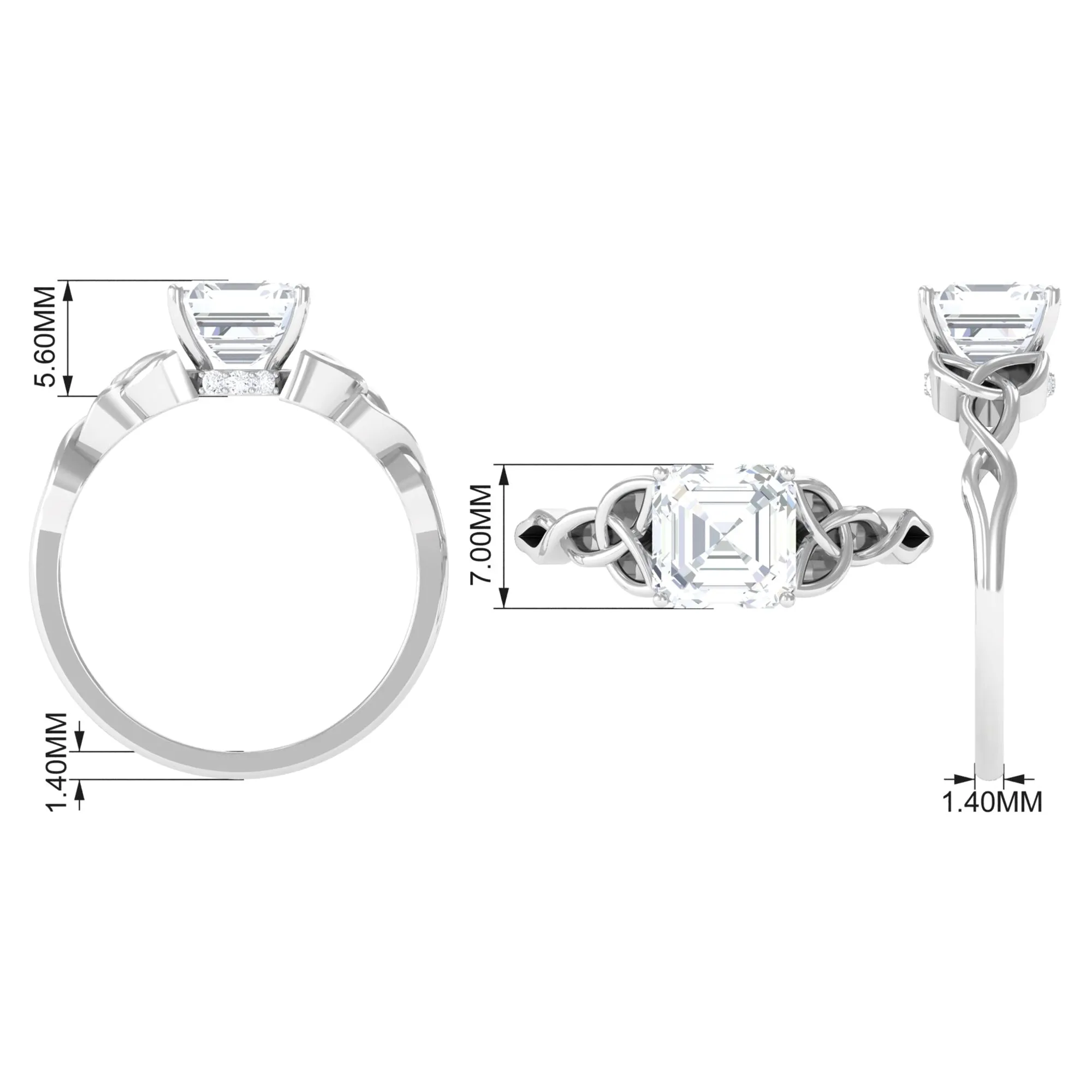 2.25 CT Asscher Cut Moissanite Solitaire Ring with Celtic Details