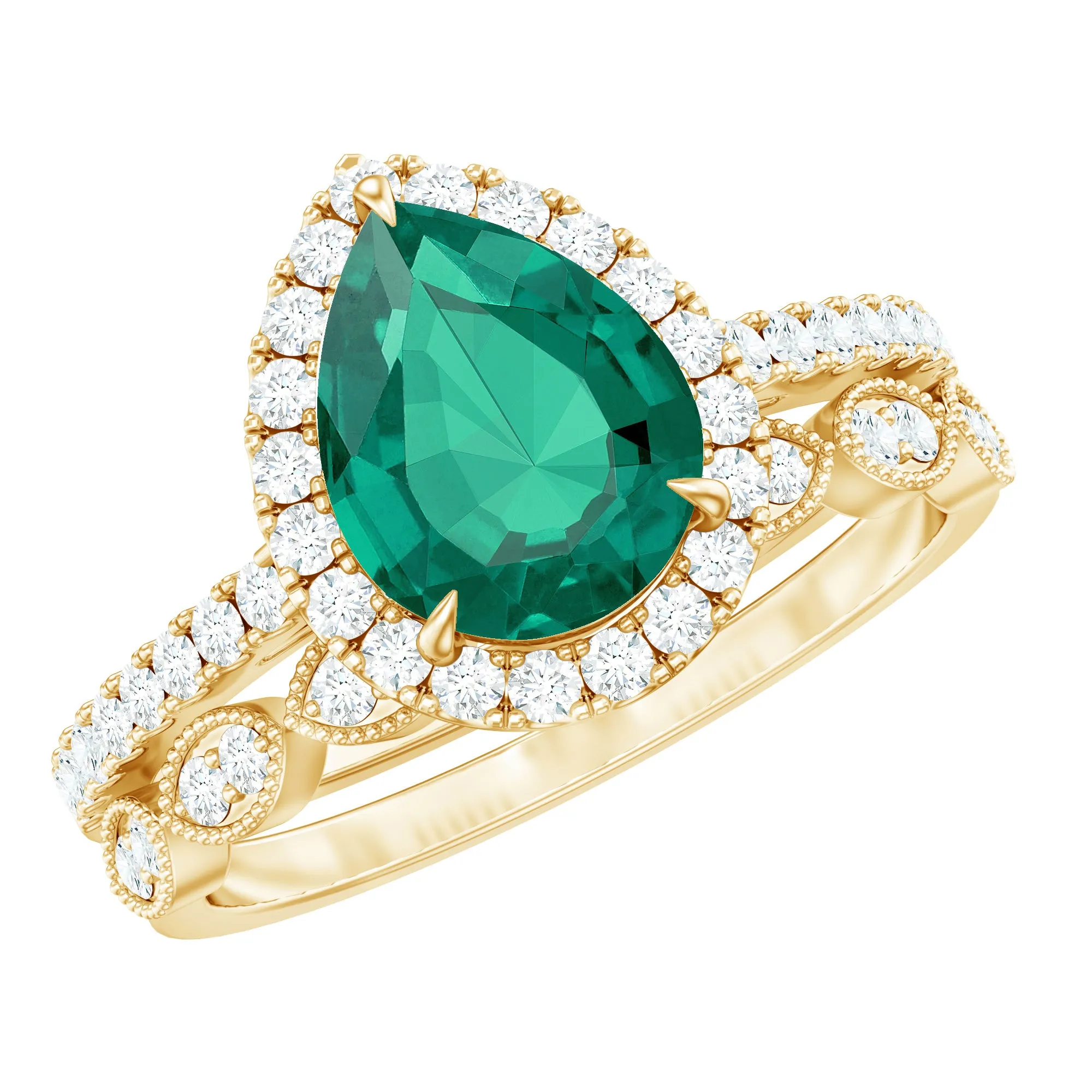 2.25 CT Created Emerald Teardrop Solitaire Ring Set with Diamond