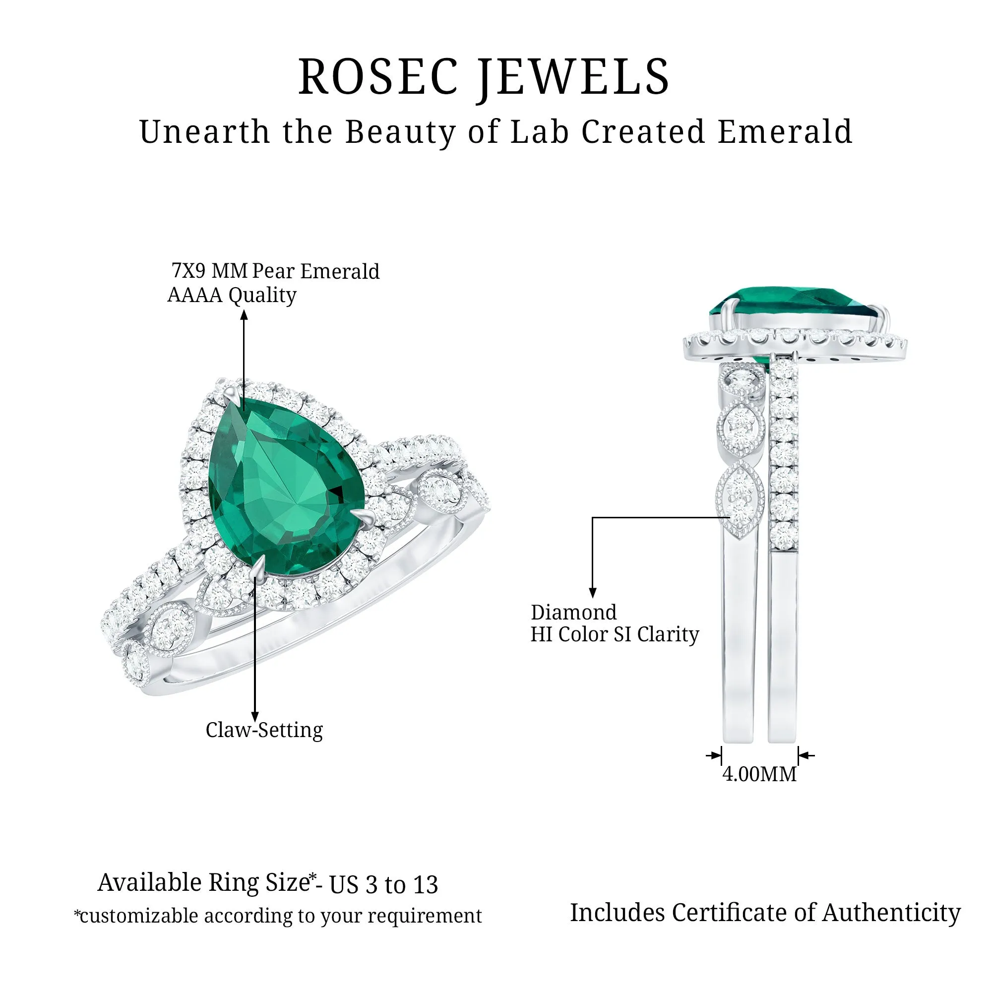 2.25 CT Created Emerald Teardrop Solitaire Ring Set with Diamond
