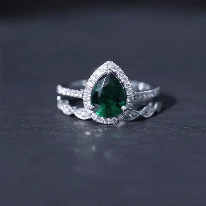 2.25 CT Created Emerald Teardrop Solitaire Ring Set with Diamond