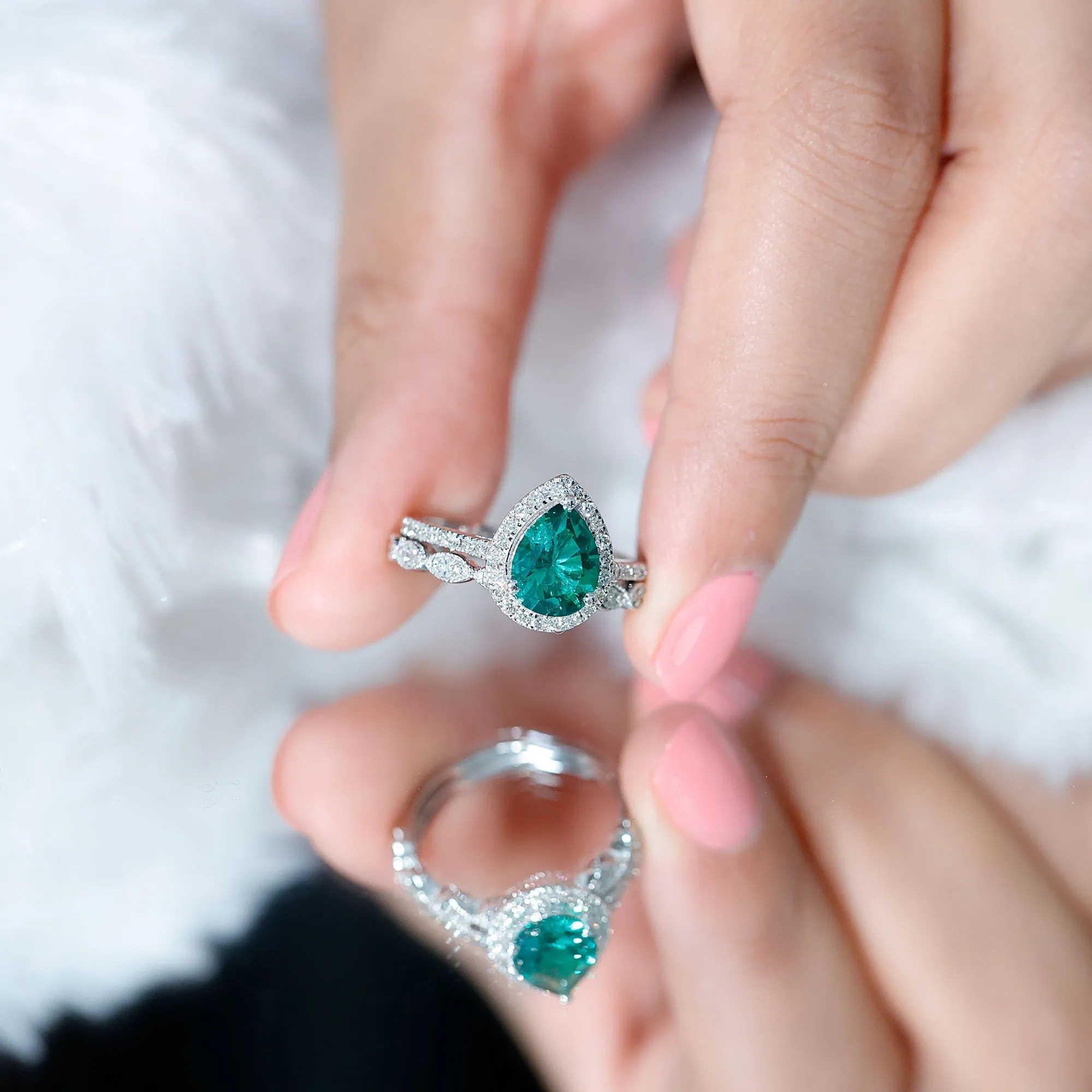 2.25 CT Created Emerald Teardrop Solitaire Ring Set with Diamond