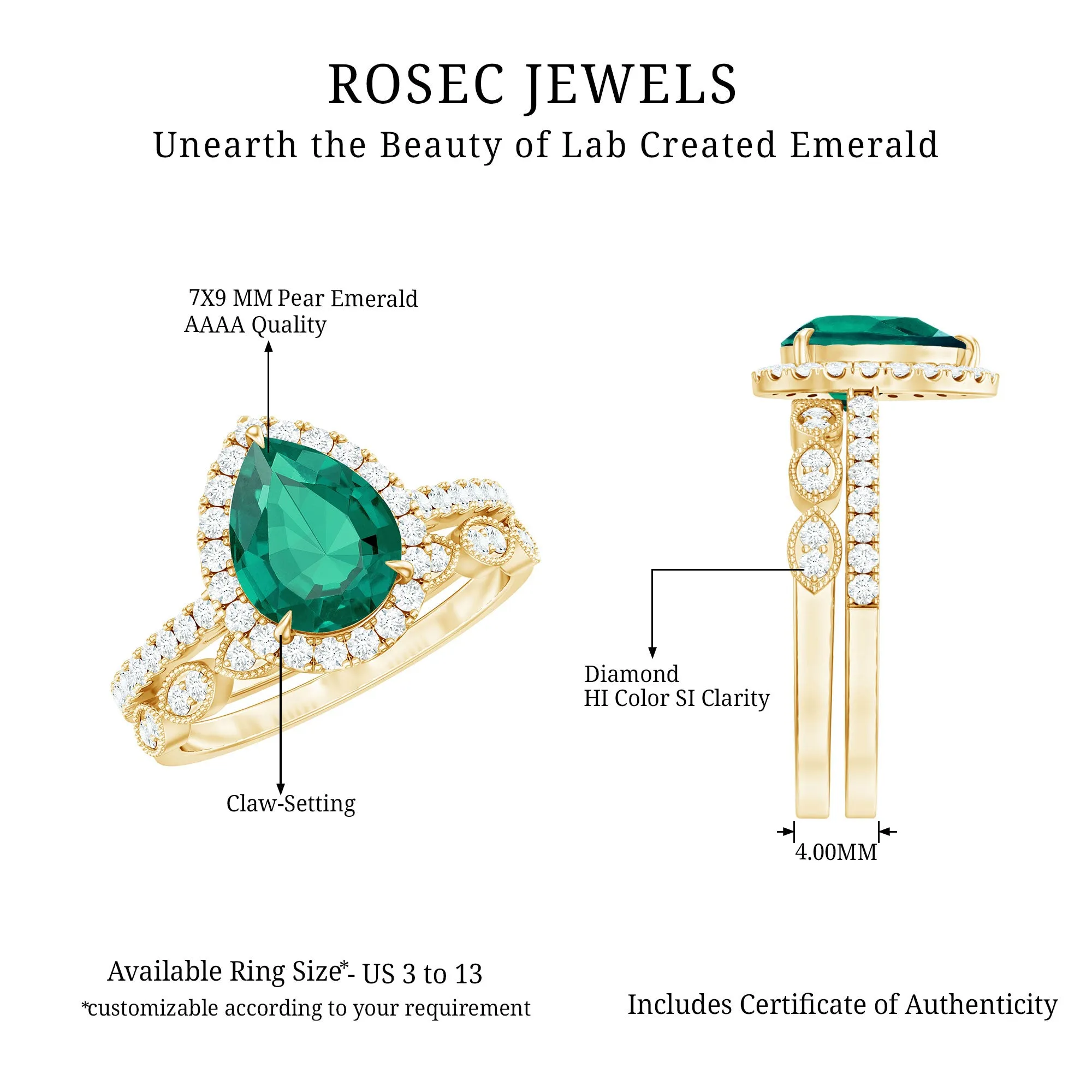 2.25 CT Created Emerald Teardrop Solitaire Ring Set with Diamond