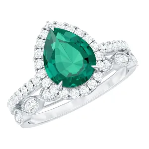 2.25 CT Created Emerald Teardrop Solitaire Ring Set with Diamond