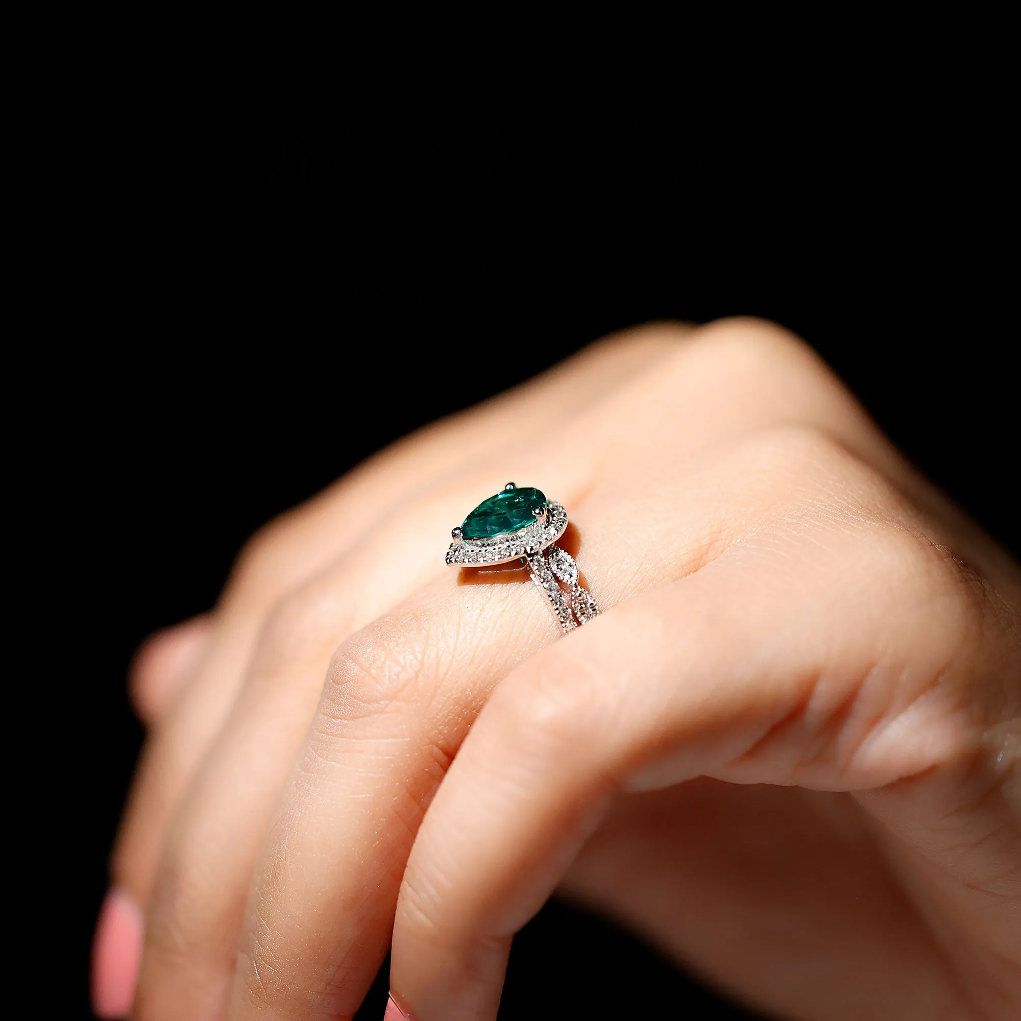 2.25 CT Created Emerald Teardrop Solitaire Ring Set with Diamond
