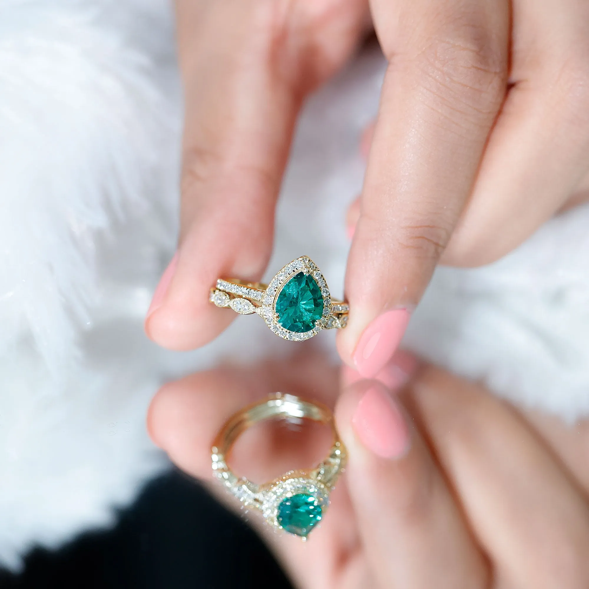 2.25 CT Created Emerald Teardrop Solitaire Ring Set with Diamond