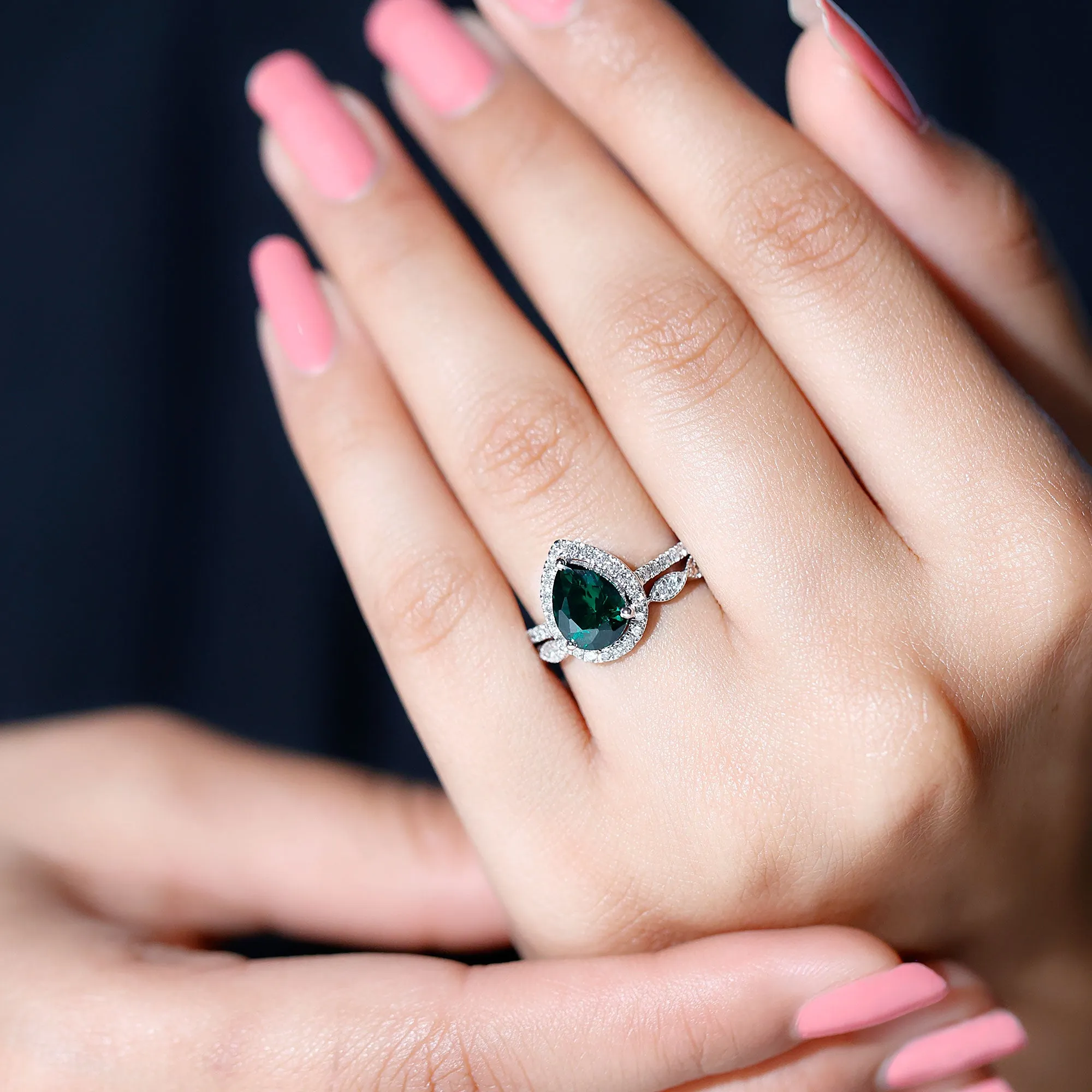 2.25 CT Created Emerald Teardrop Solitaire Ring Set with Diamond