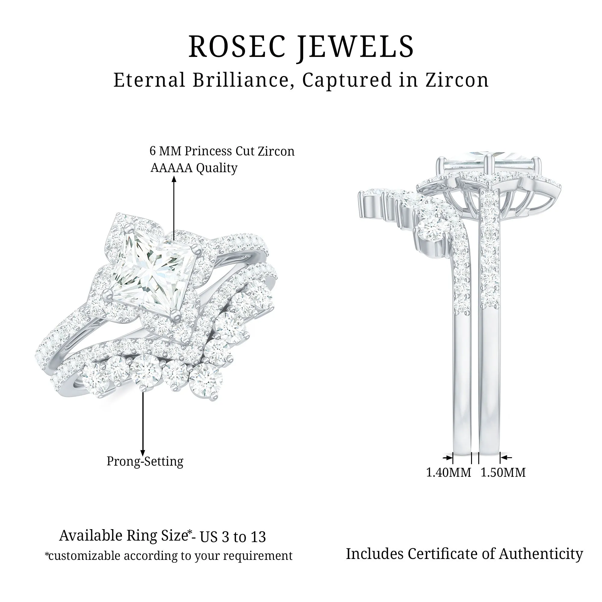 2.50 CT Cubic Zirconia Statement Wedding Ring Set in Gold