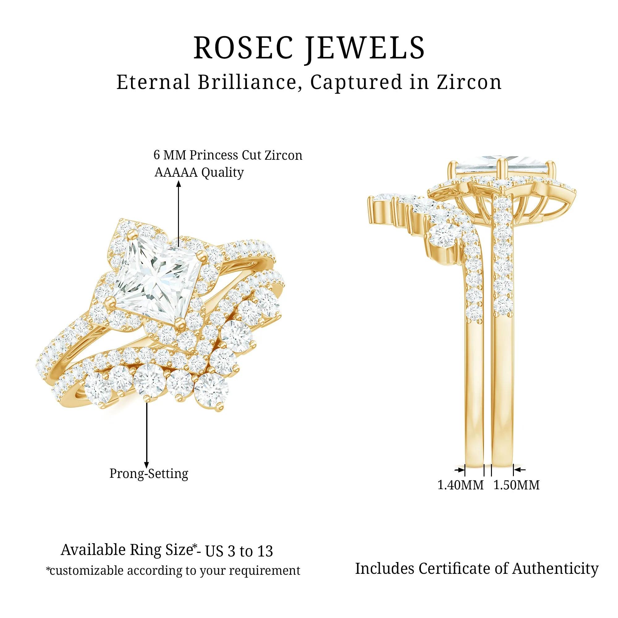 2.50 CT Cubic Zirconia Statement Wedding Ring Set in Gold
