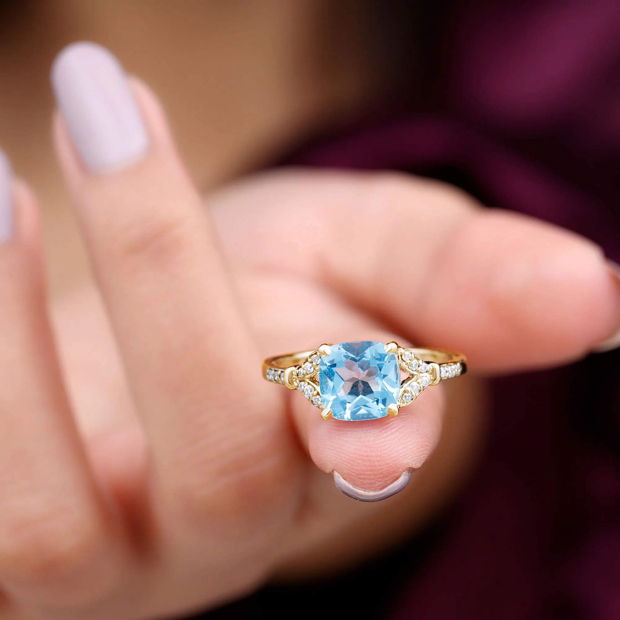 2.75 CT Cushion Cut Swiss Blue Topaz Solitaire with Diamond Side Stone Ring