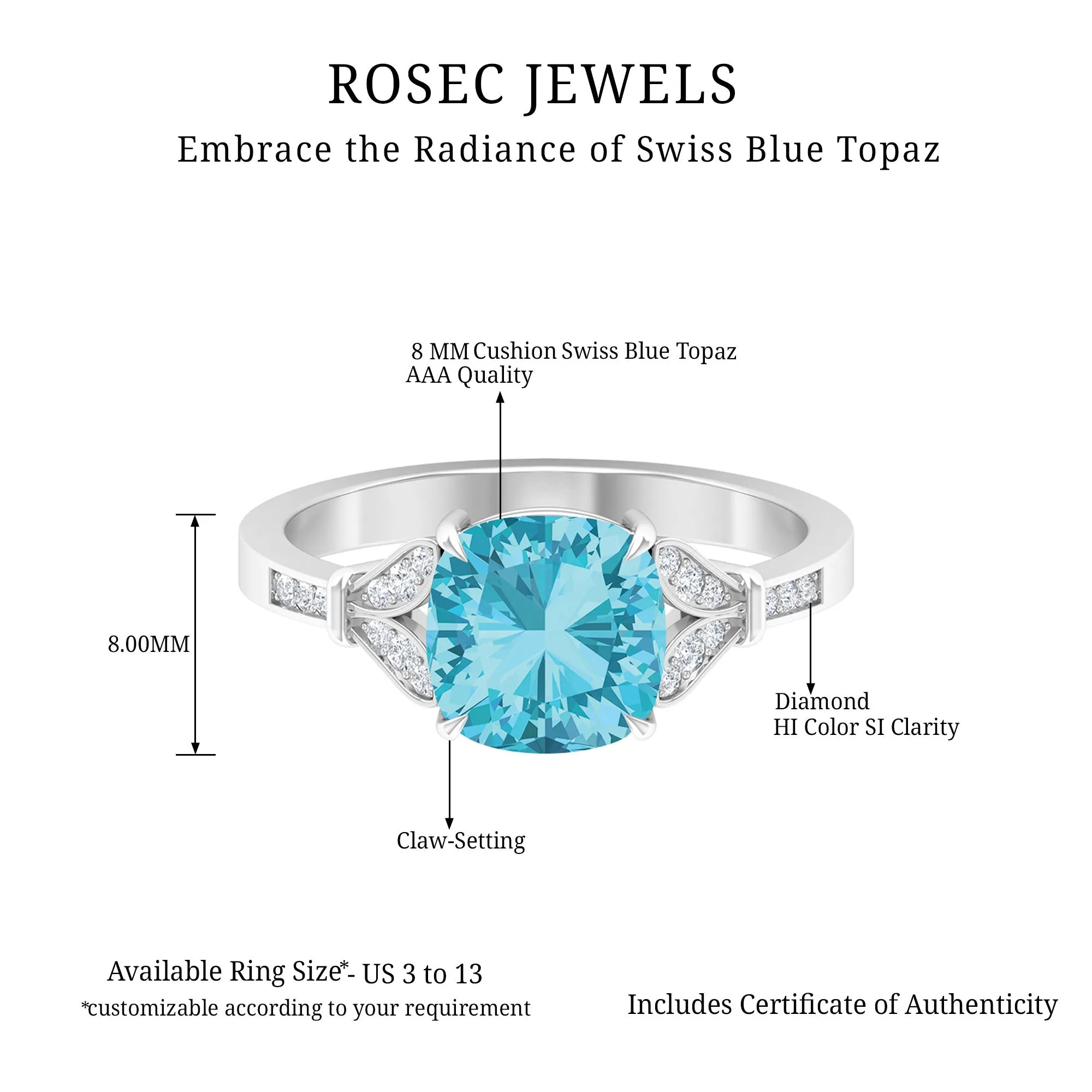 2.75 CT Cushion Cut Swiss Blue Topaz Solitaire with Diamond Side Stone Ring