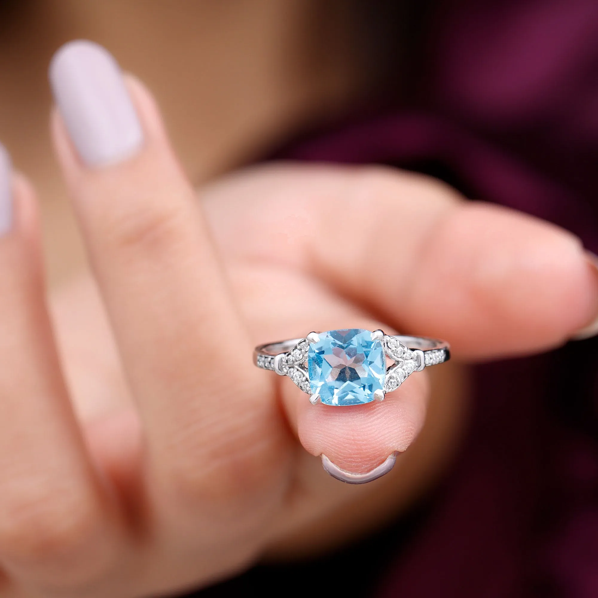 2.75 CT Cushion Cut Swiss Blue Topaz Solitaire with Diamond Side Stone Ring
