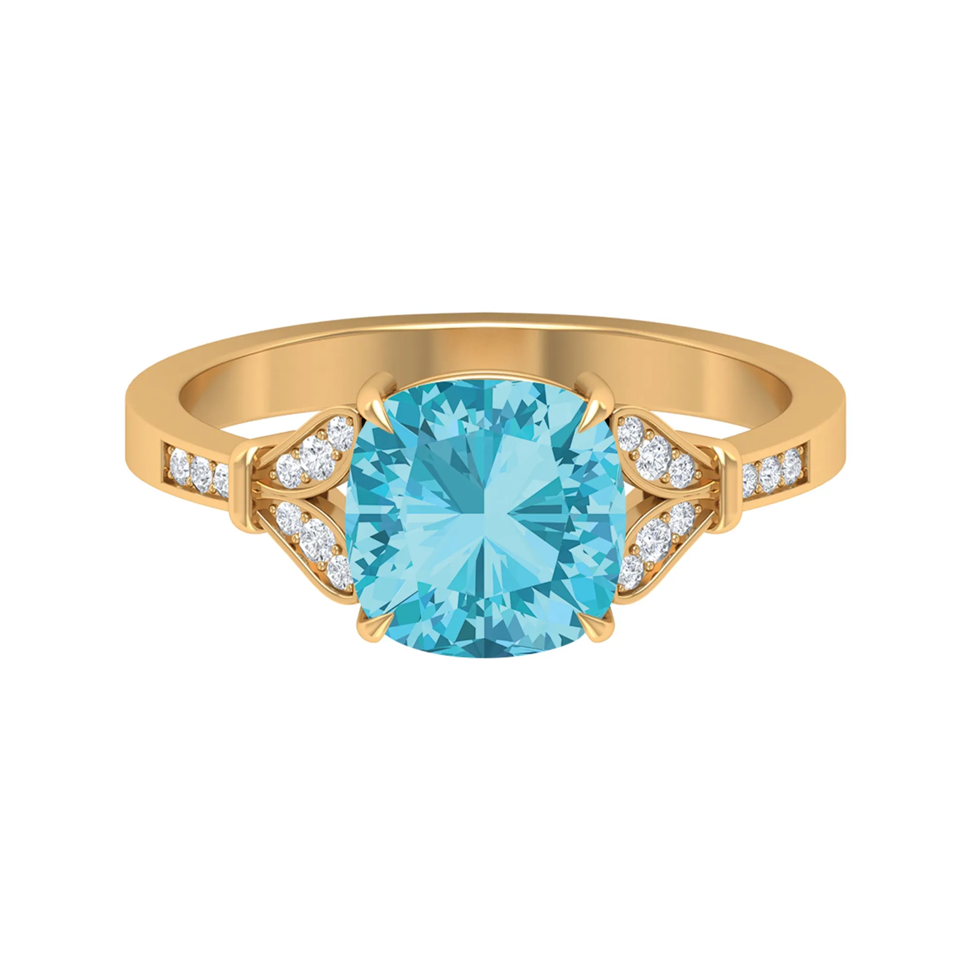 2.75 CT Cushion Cut Swiss Blue Topaz Solitaire with Diamond Side Stone Ring