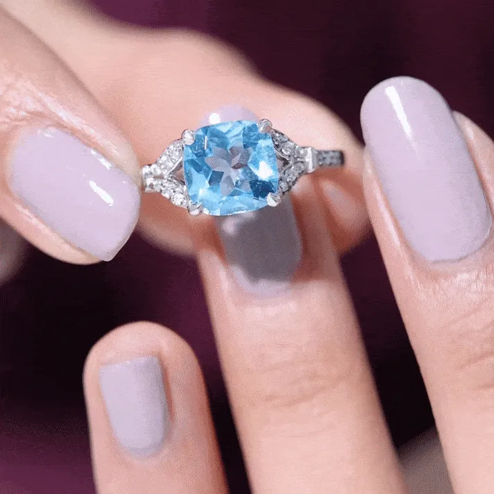 2.75 CT Cushion Cut Swiss Blue Topaz Solitaire with Diamond Side Stone Ring