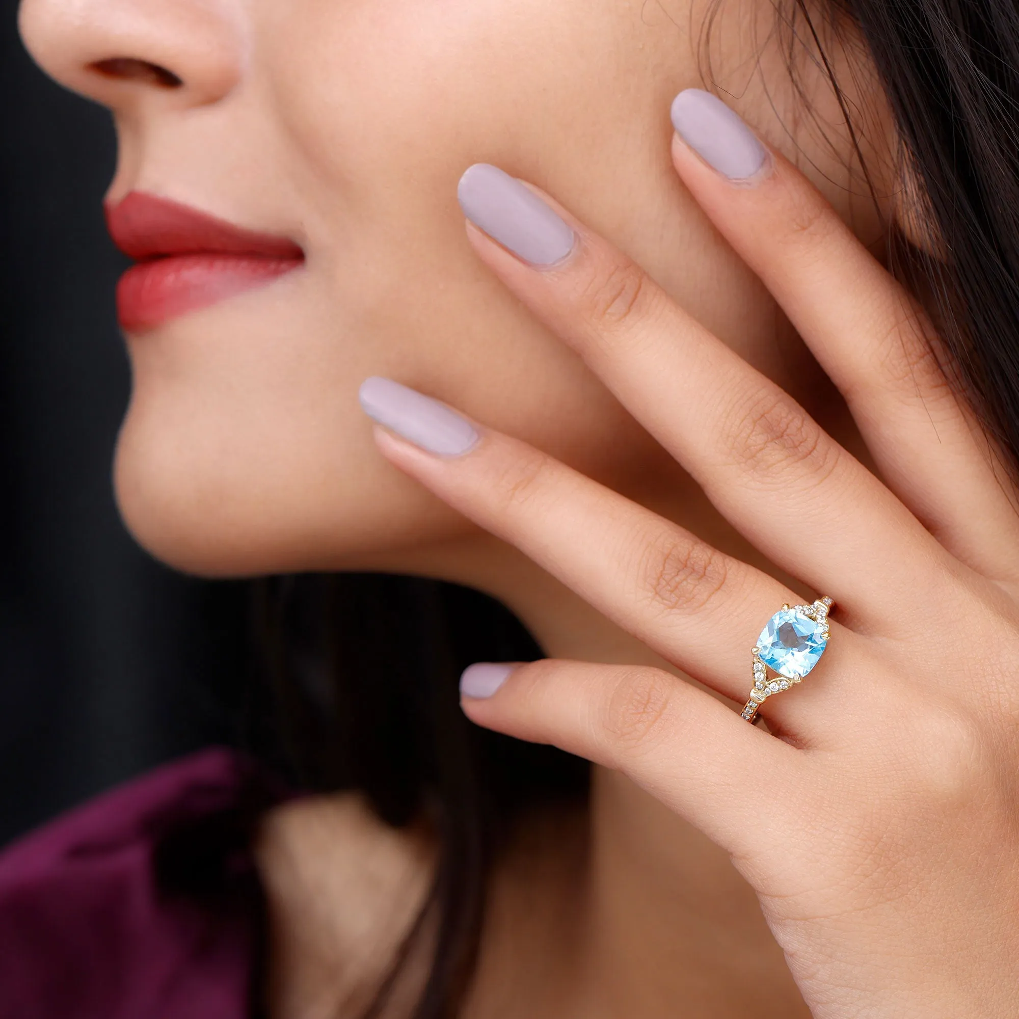 2.75 CT Cushion Cut Swiss Blue Topaz Solitaire with Diamond Side Stone Ring