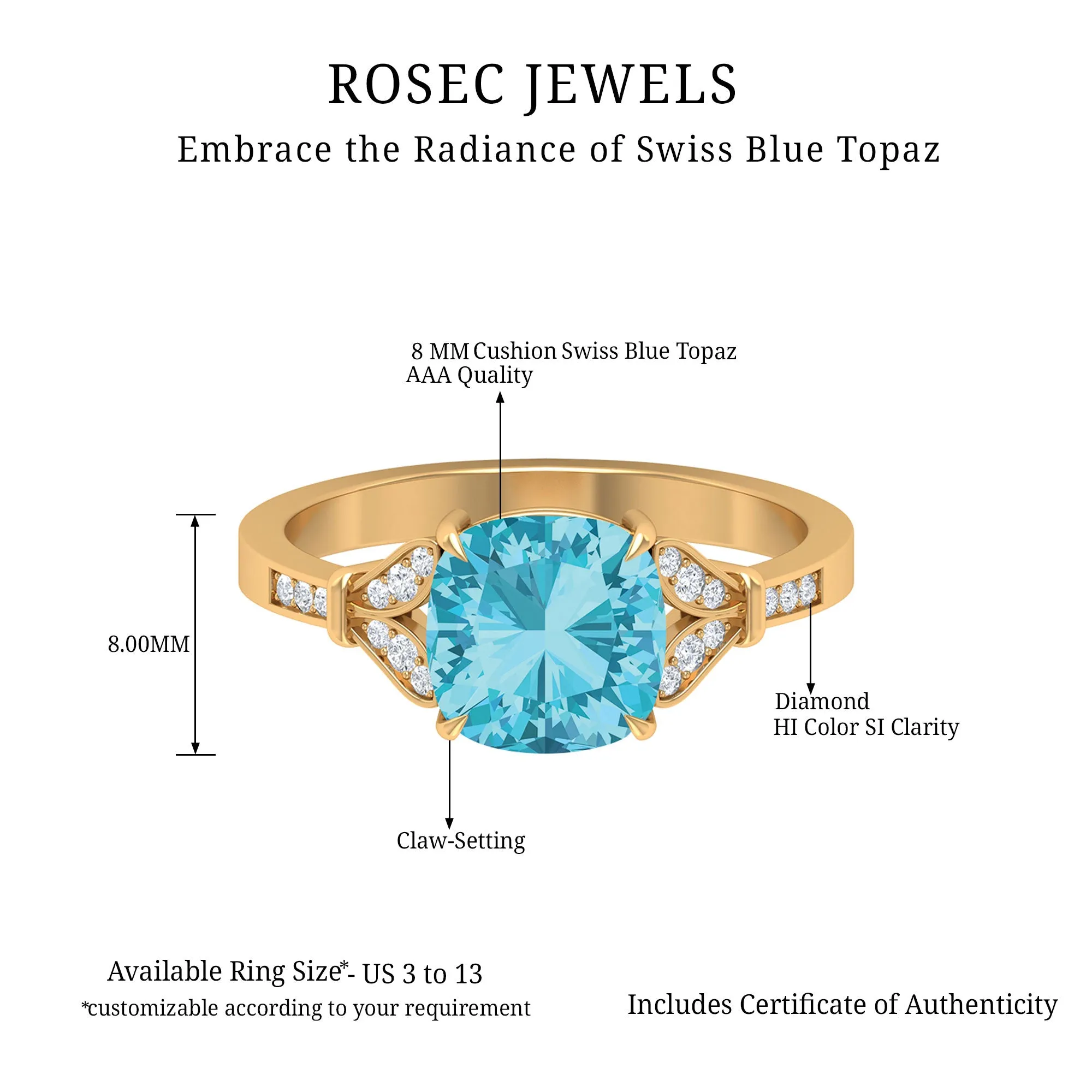 2.75 CT Cushion Cut Swiss Blue Topaz Solitaire with Diamond Side Stone Ring