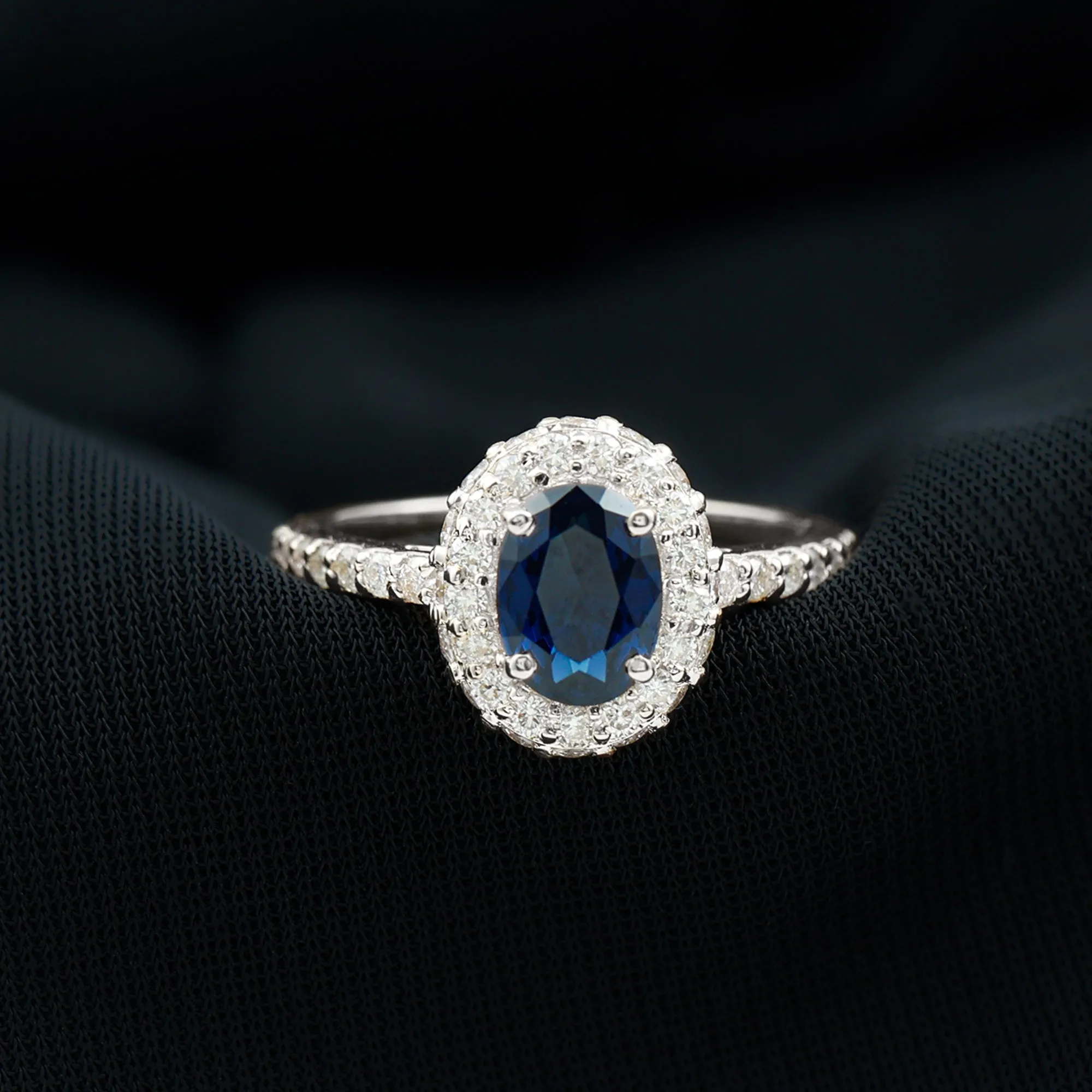 3 CT Created Blue Sapphire Engagement Ring with Diamond Classic Halo