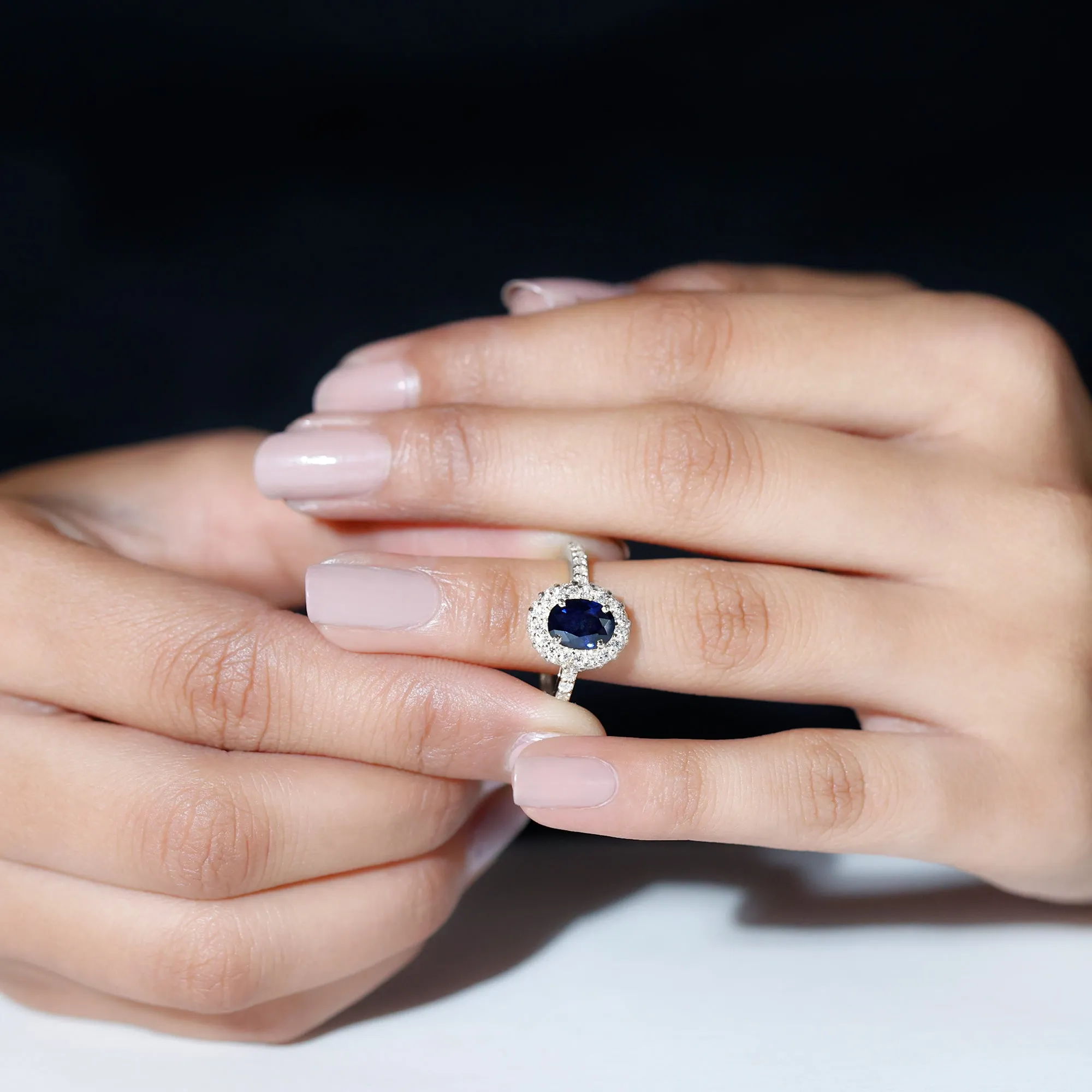 3 CT Created Blue Sapphire Engagement Ring with Diamond Classic Halo