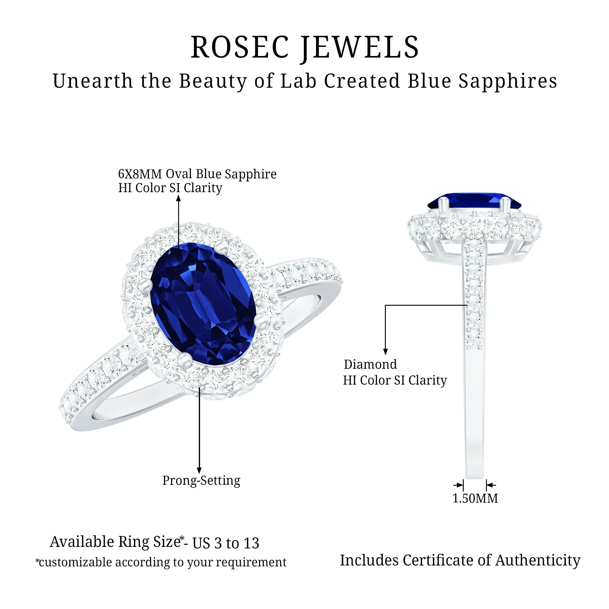 3 CT Created Blue Sapphire Engagement Ring with Diamond Classic Halo
