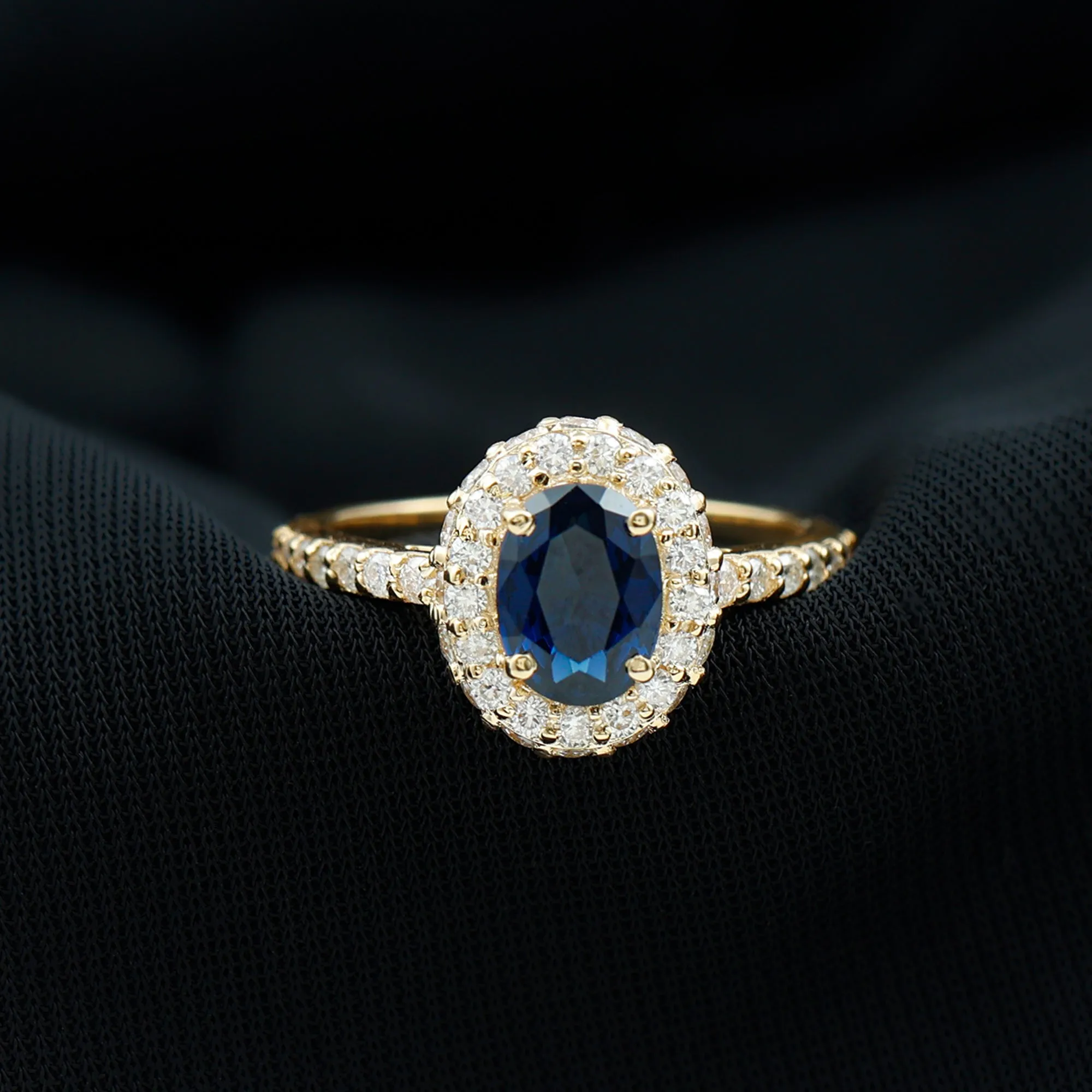 3 CT Created Blue Sapphire Engagement Ring with Diamond Classic Halo