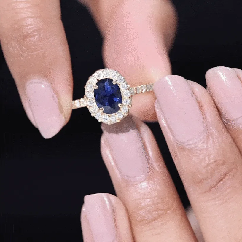 3 CT Created Blue Sapphire Engagement Ring with Diamond Classic Halo