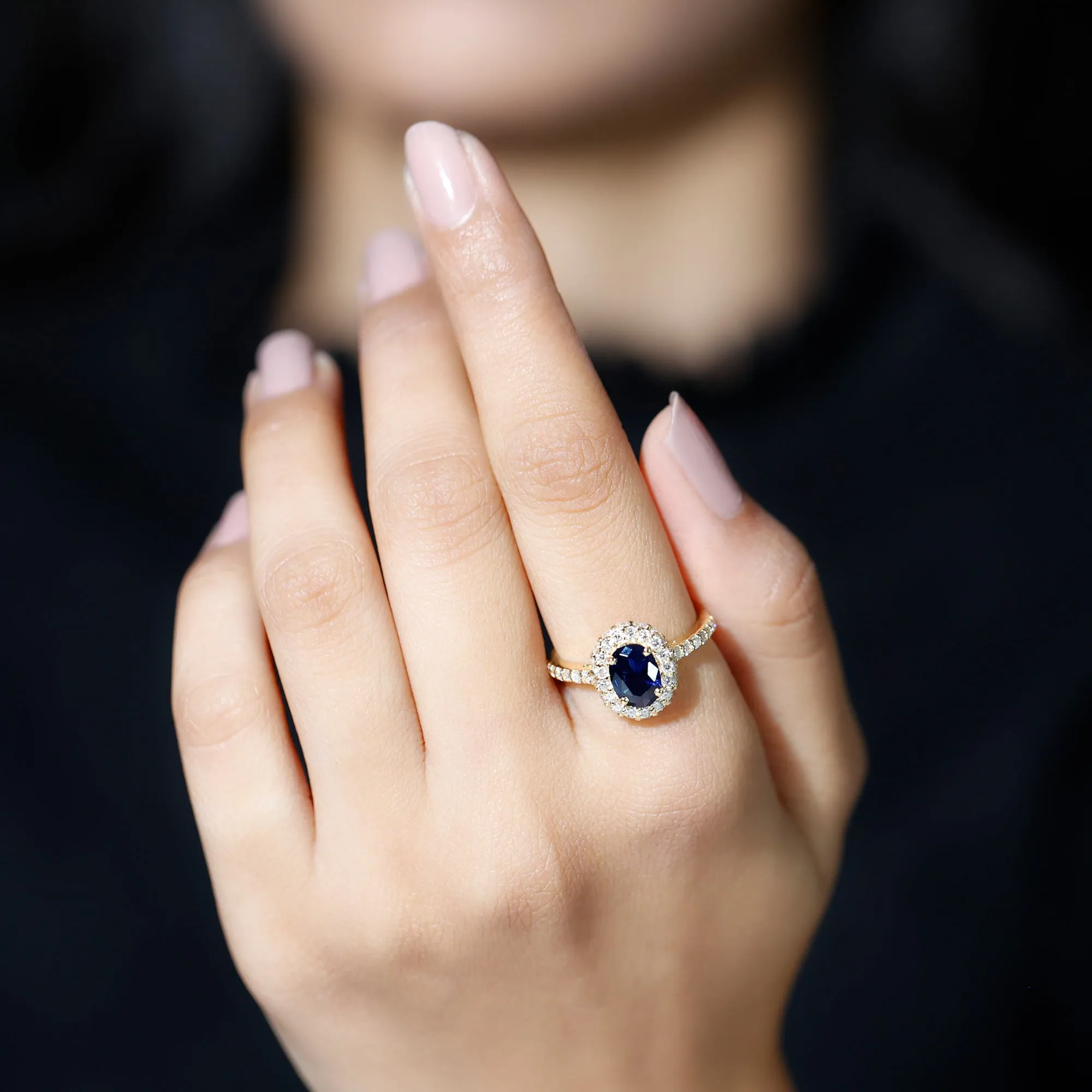 3 CT Created Blue Sapphire Engagement Ring with Diamond Classic Halo