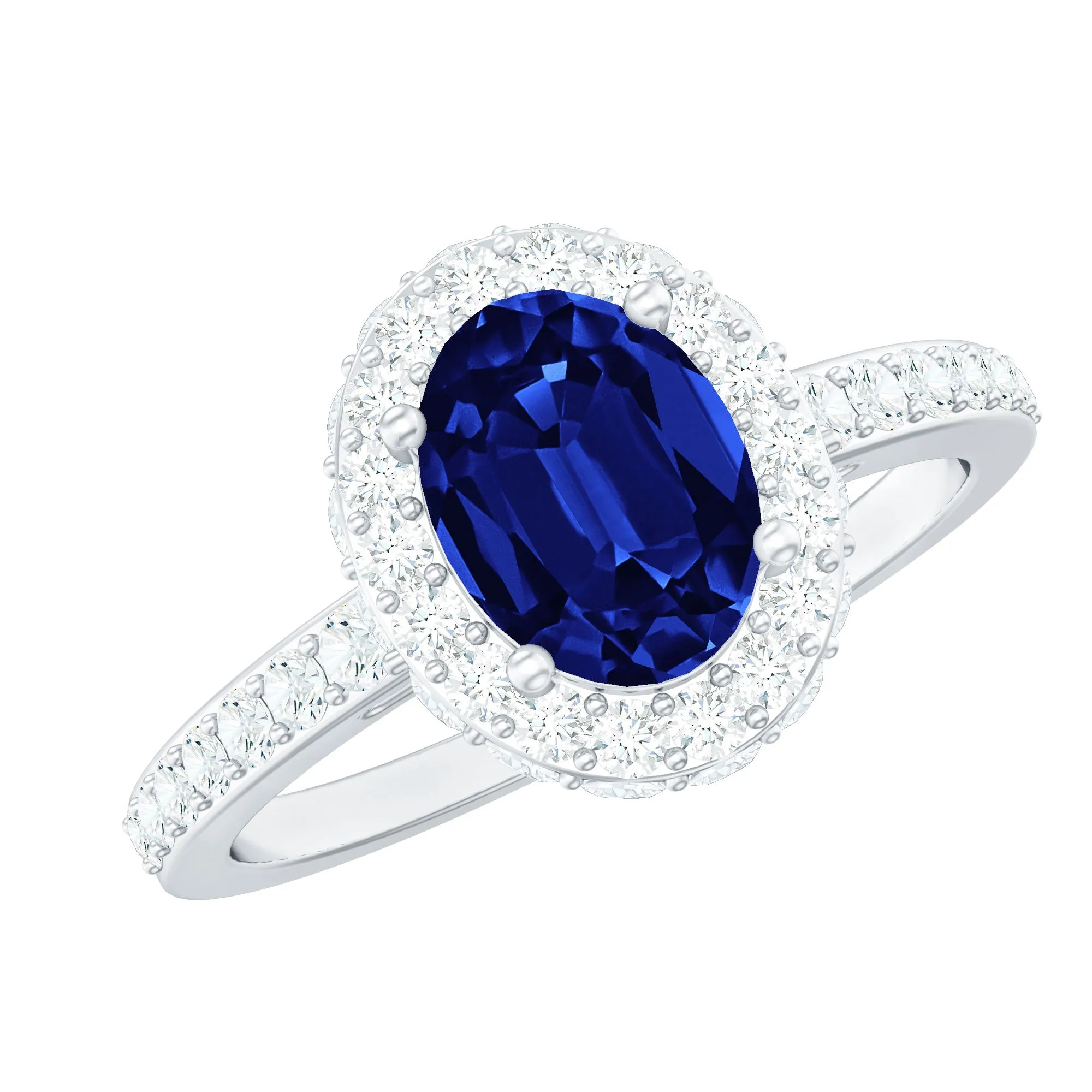 3 CT Created Blue Sapphire Engagement Ring with Diamond Classic Halo