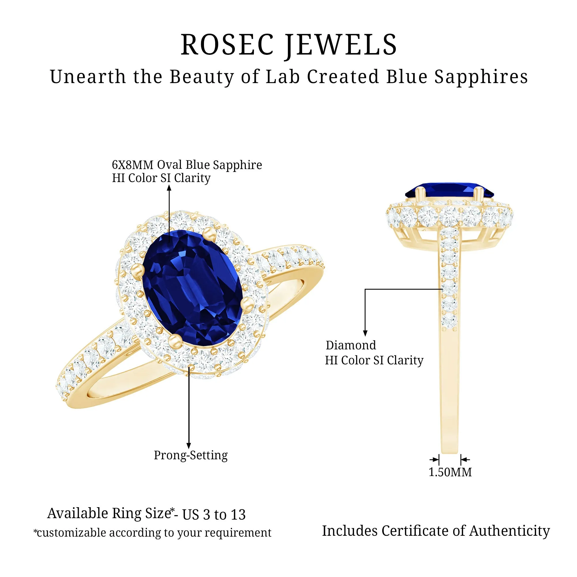 3 CT Created Blue Sapphire Engagement Ring with Diamond Classic Halo