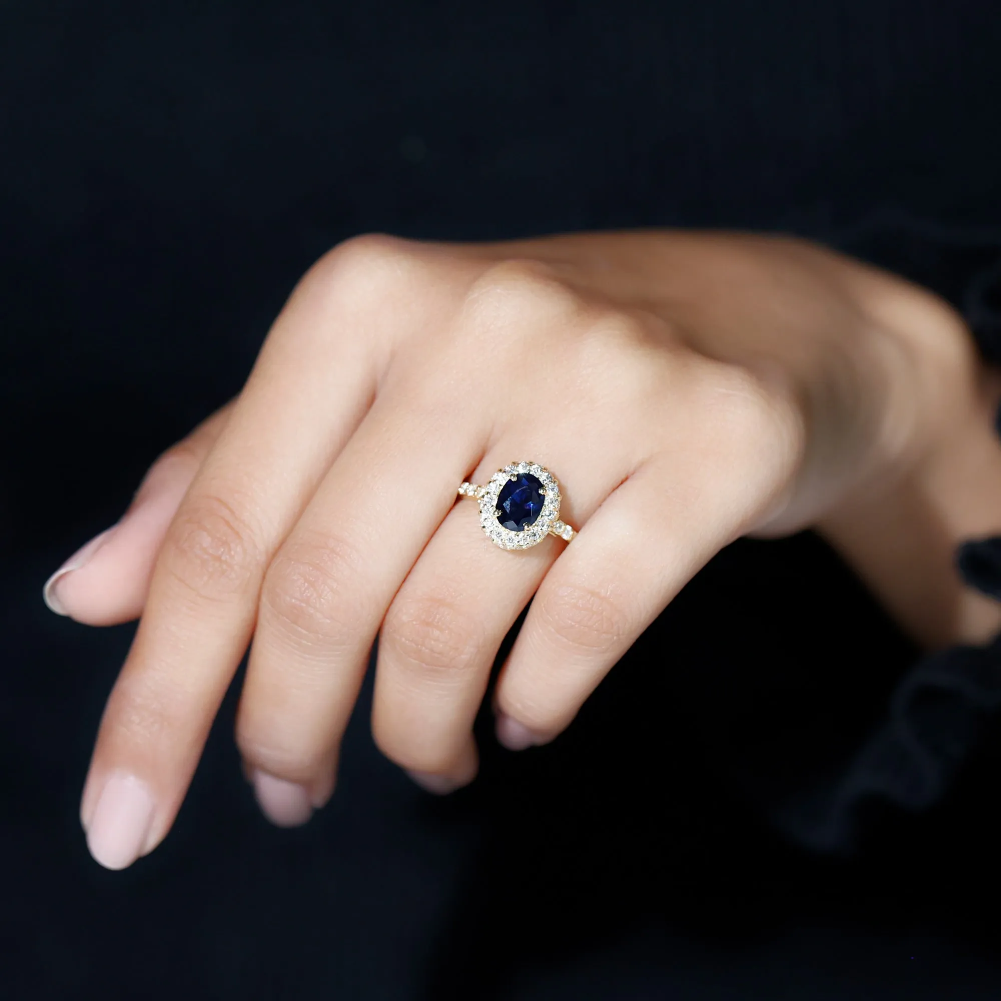 3 CT Created Blue Sapphire Engagement Ring with Diamond Classic Halo