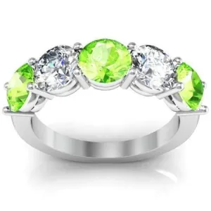 3.00cttw Shared Prong  5 Stone Ring with Peridot and Diamonds