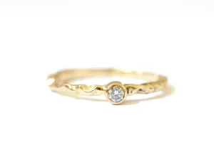3mm Round White Diamond Engagement Ring With Organic 14k Yellow Gold Texture Band
