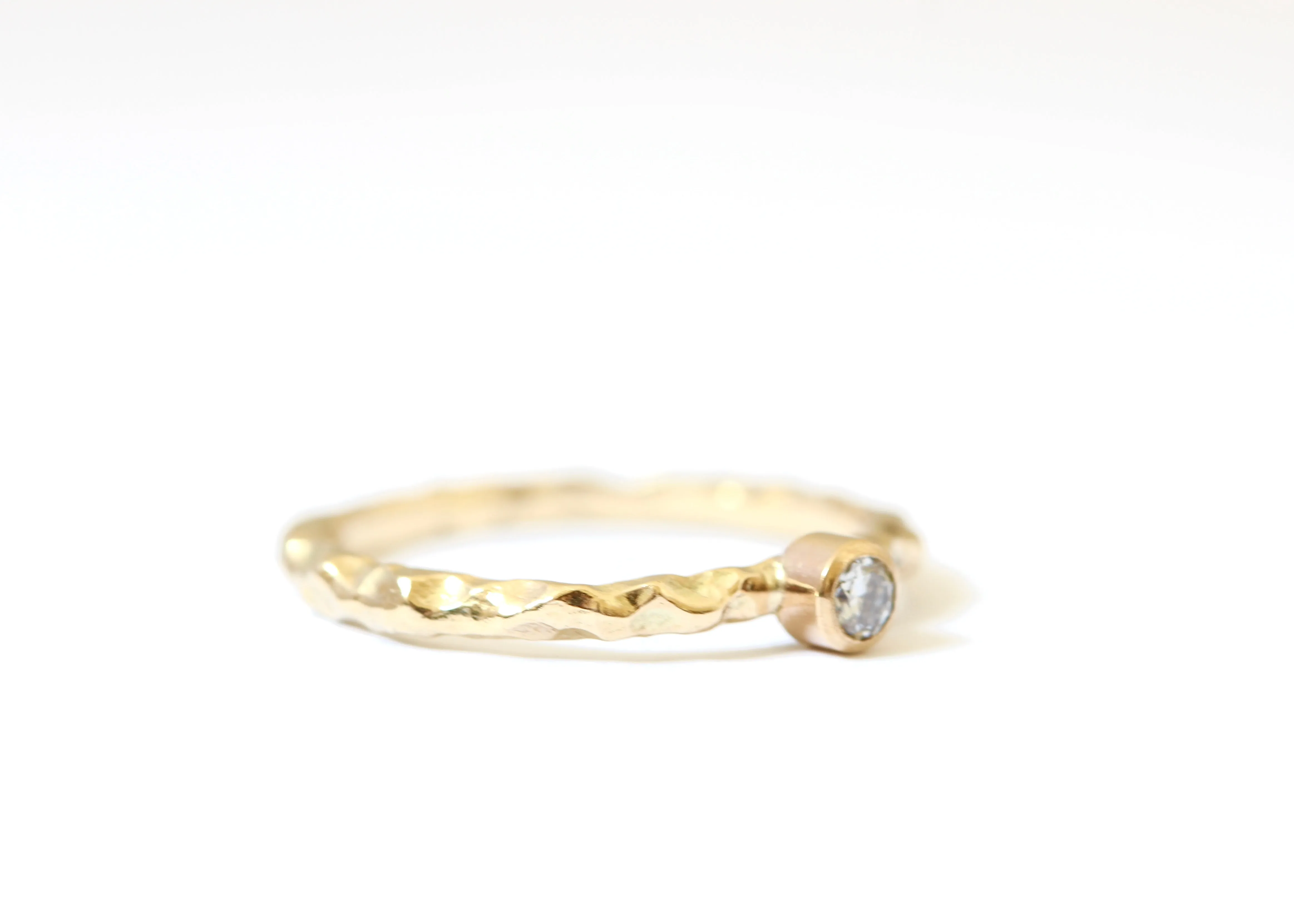 3mm Round White Diamond Engagement Ring With Organic 14k Yellow Gold Texture Band