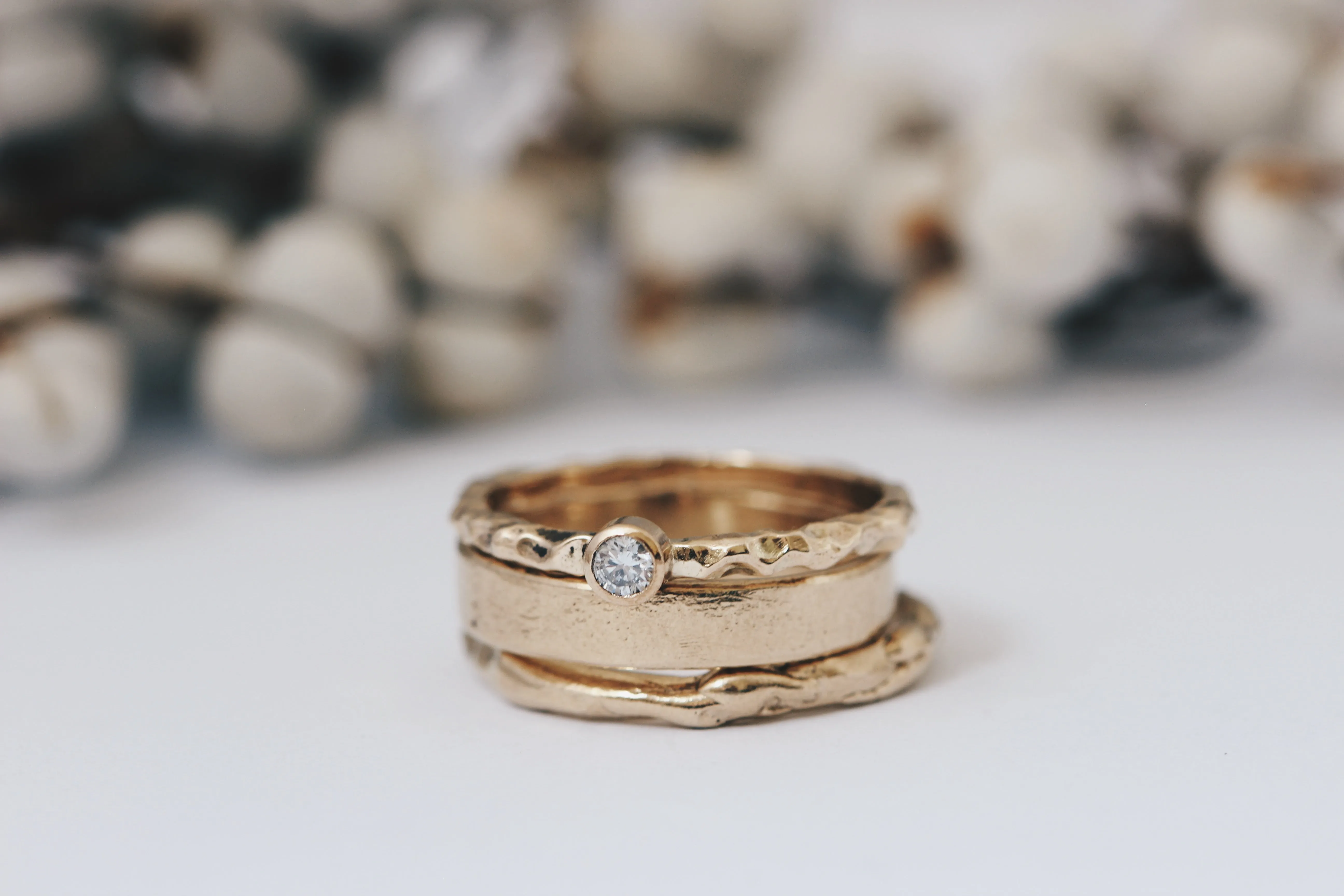 3mm Round White Diamond Engagement Ring With Organic 14k Yellow Gold Texture Band