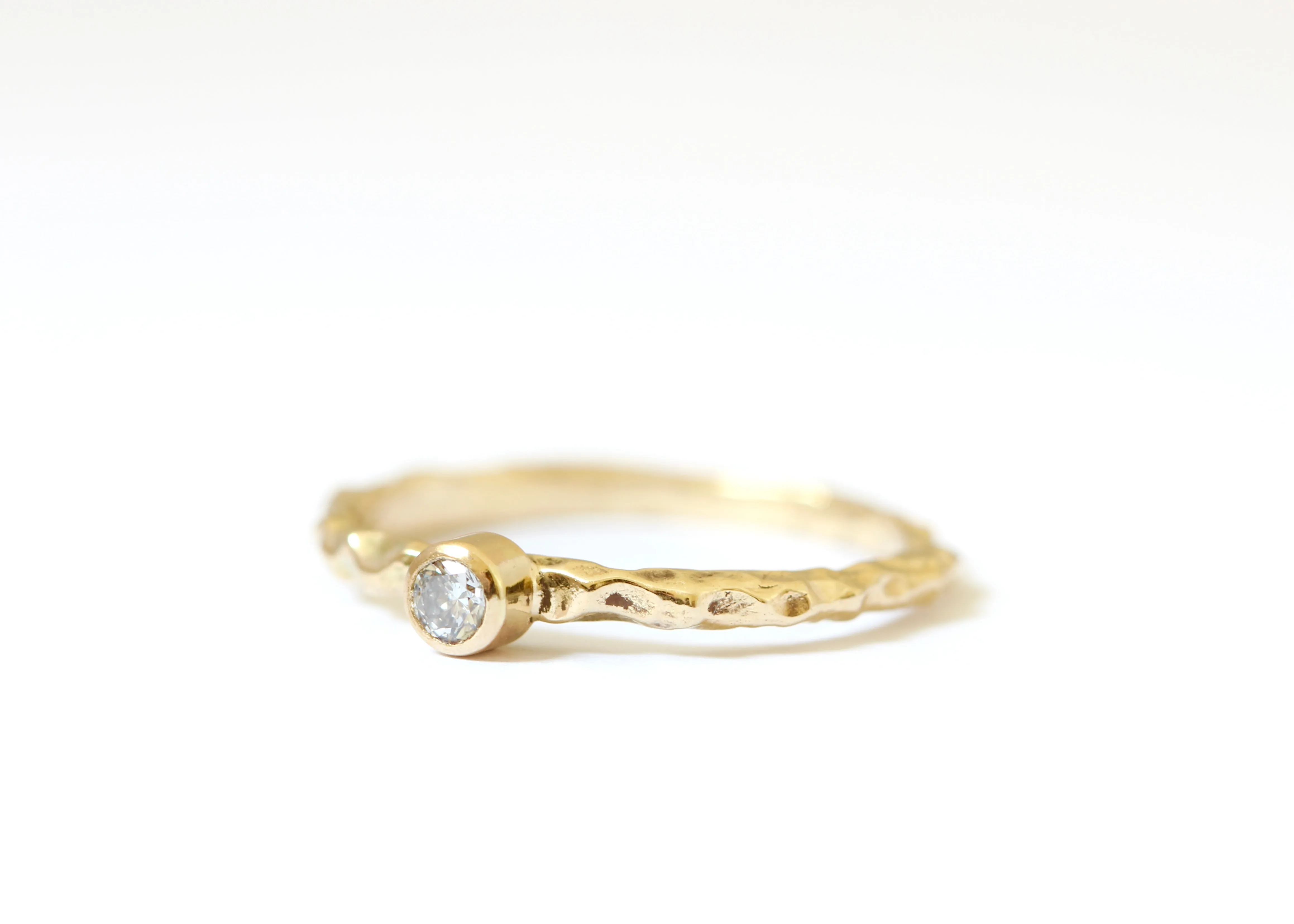 3mm Round White Diamond Engagement Ring With Organic 14k Yellow Gold Texture Band