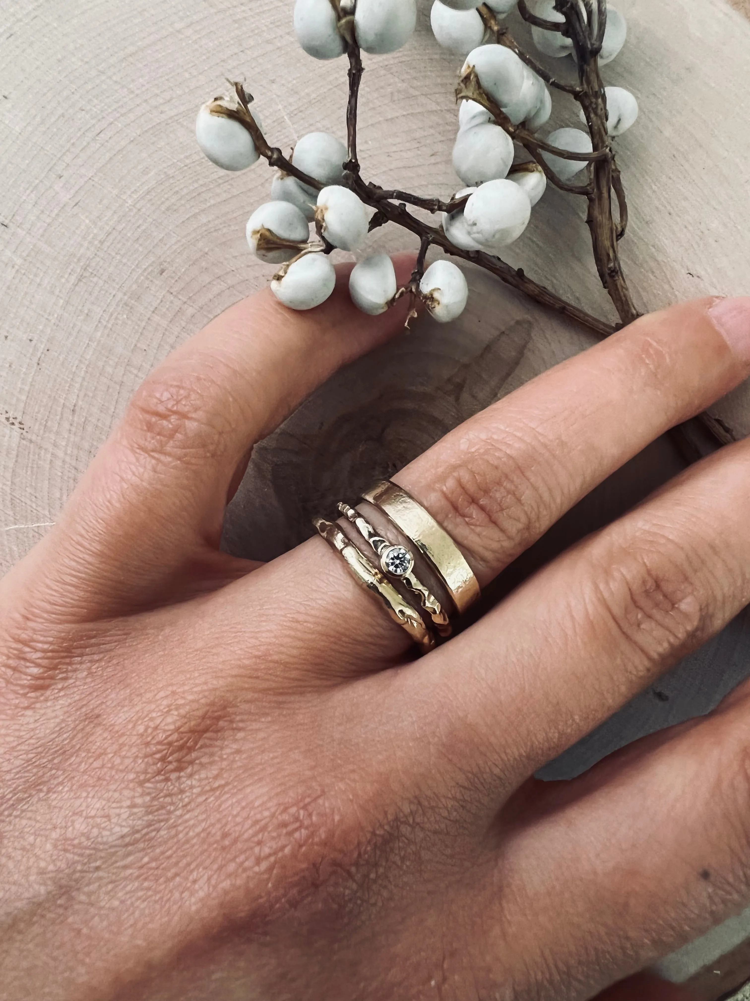 3mm Round White Diamond Engagement Ring With Organic 14k Yellow Gold Texture Band