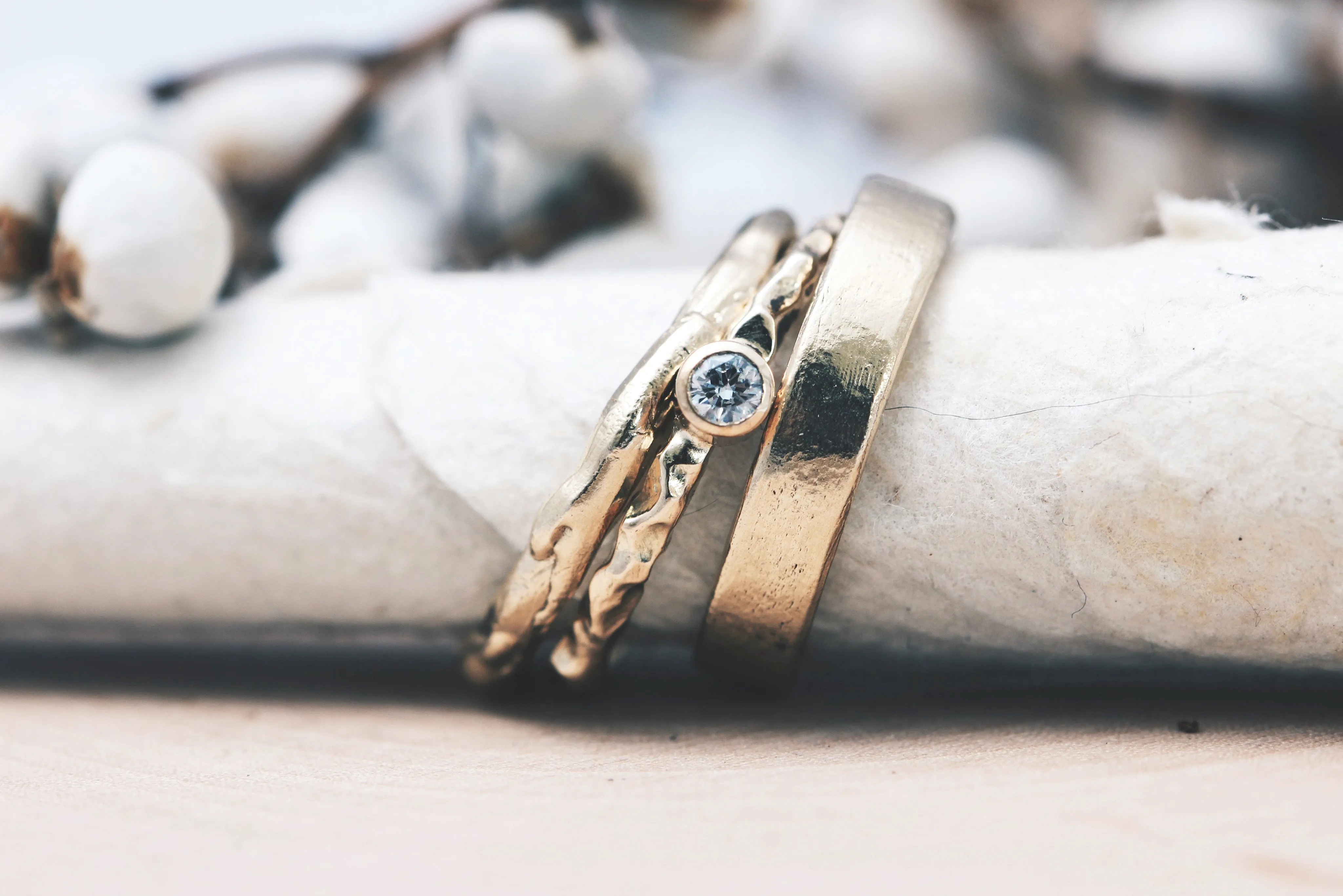 3mm Round White Diamond Engagement Ring With Organic 14k Yellow Gold Texture Band
