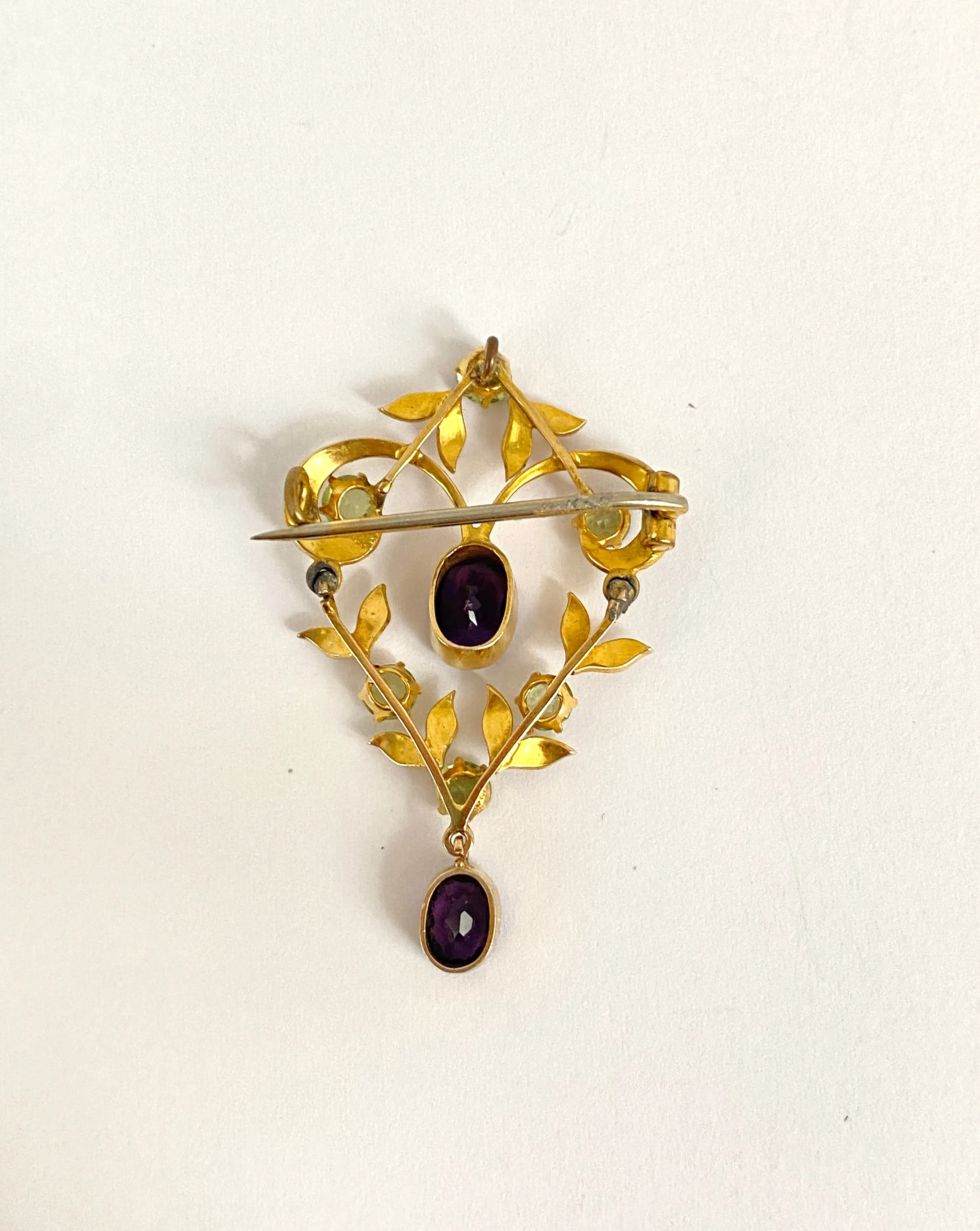 9ct Gold, Antique, Edwardian, Amethyst, Peridot and Diamond Brooch (Suffragette colours)