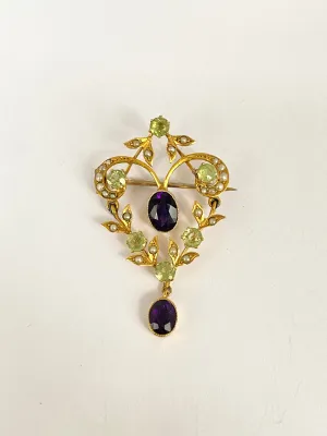 9ct Gold, Antique, Edwardian, Amethyst, Peridot and Diamond Brooch (Suffragette colours)