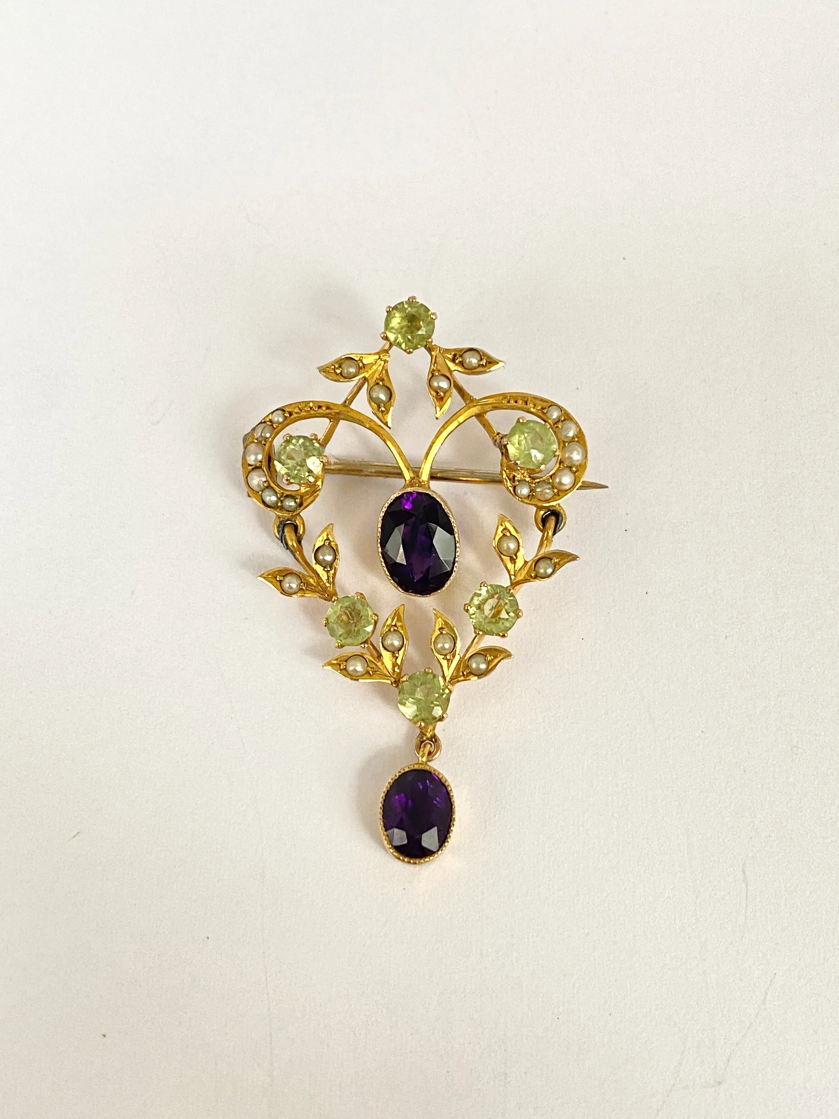 9ct Gold, Antique, Edwardian, Amethyst, Peridot and Diamond Brooch (Suffragette colours)