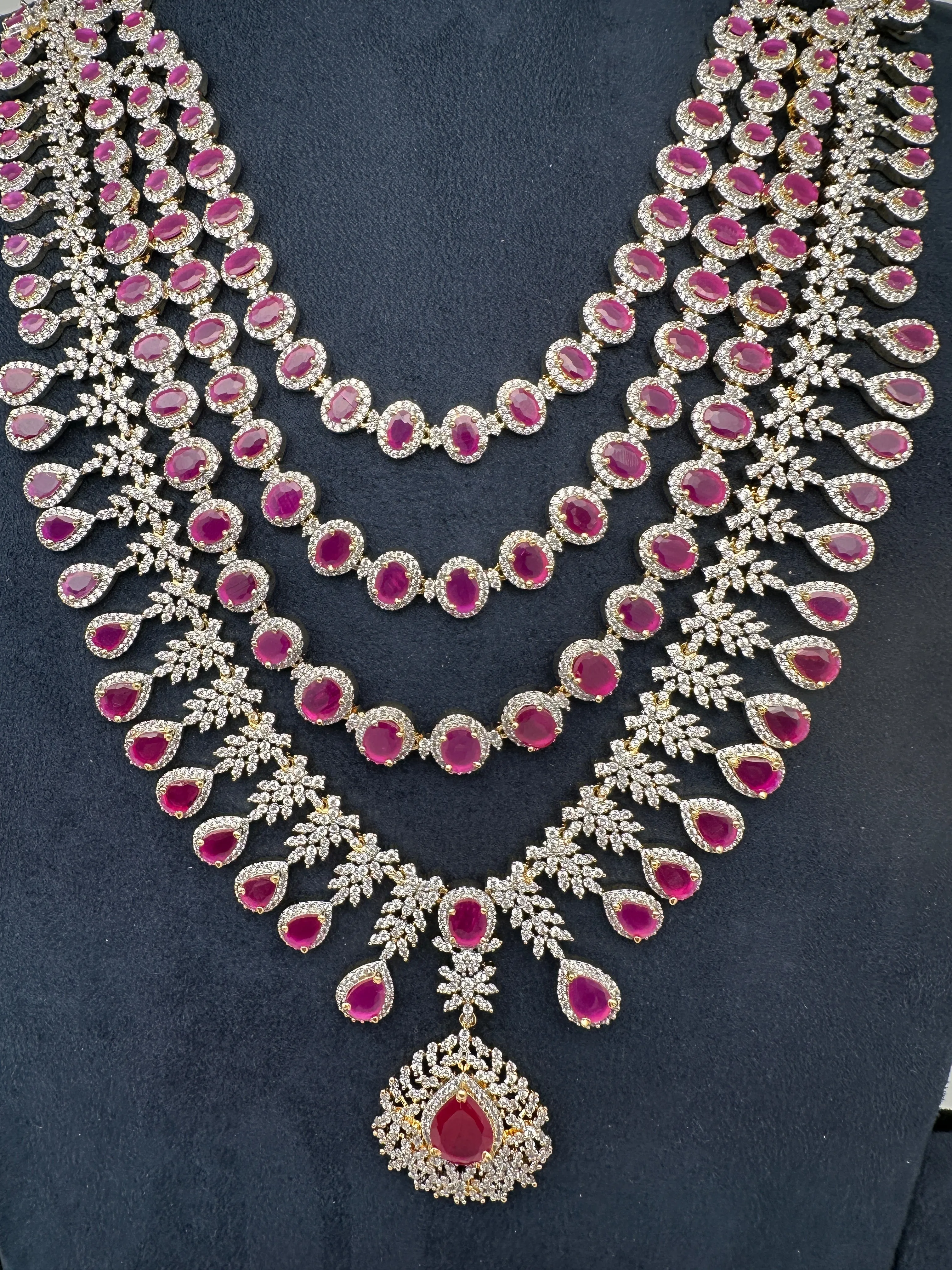 AD Diamond Finish Ruby Multi Layer Long  Necklace
