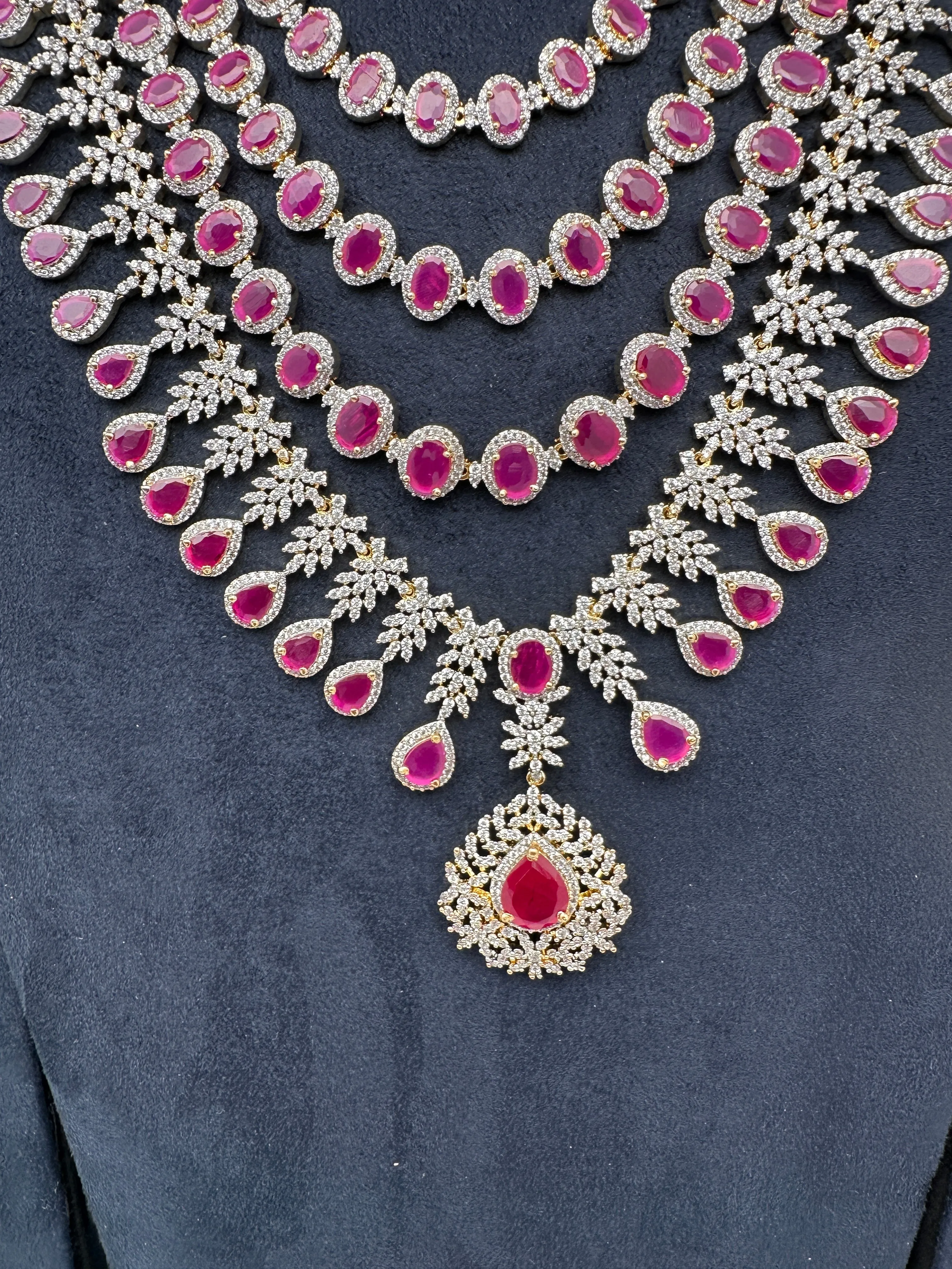 AD Diamond Finish Ruby Multi Layer Long  Necklace