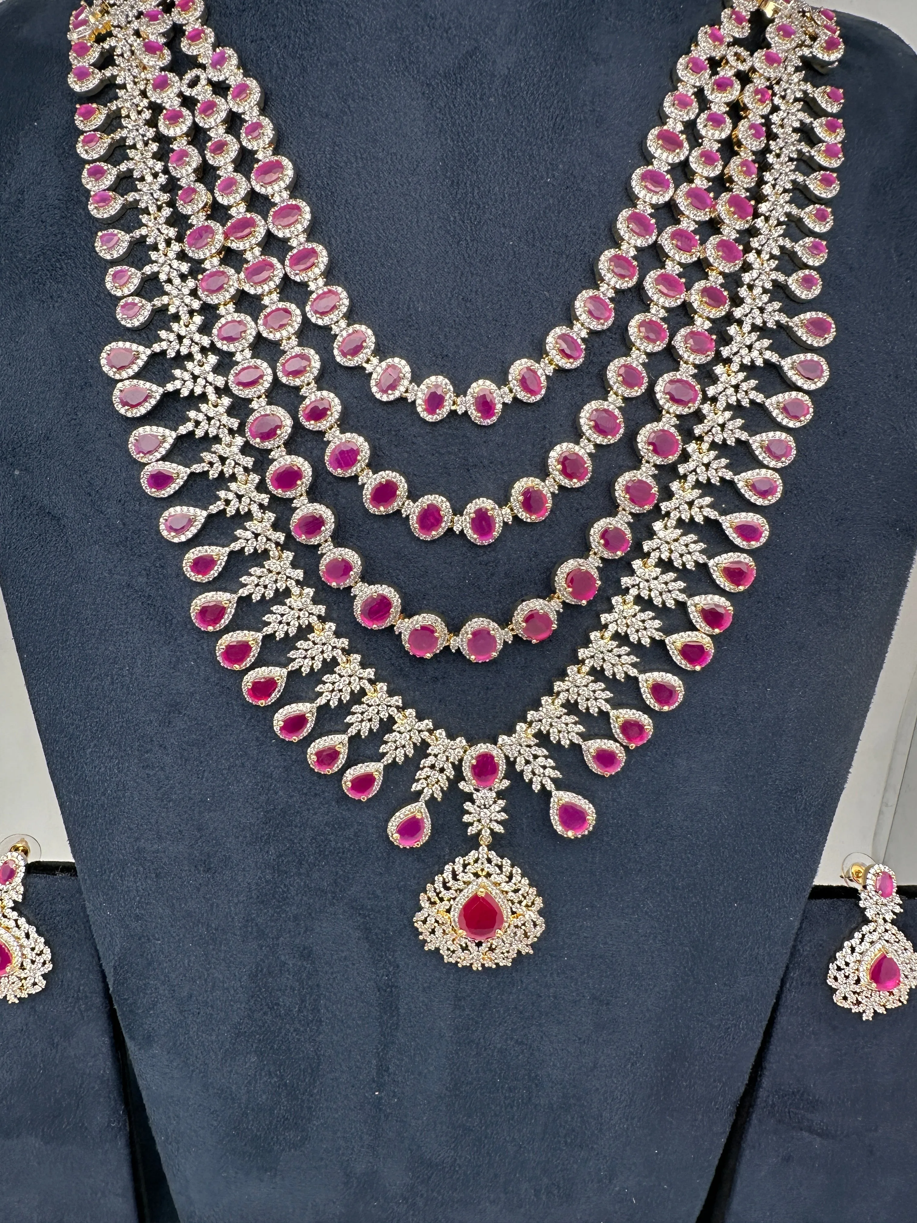 AD Diamond Finish Ruby Multi Layer Long  Necklace