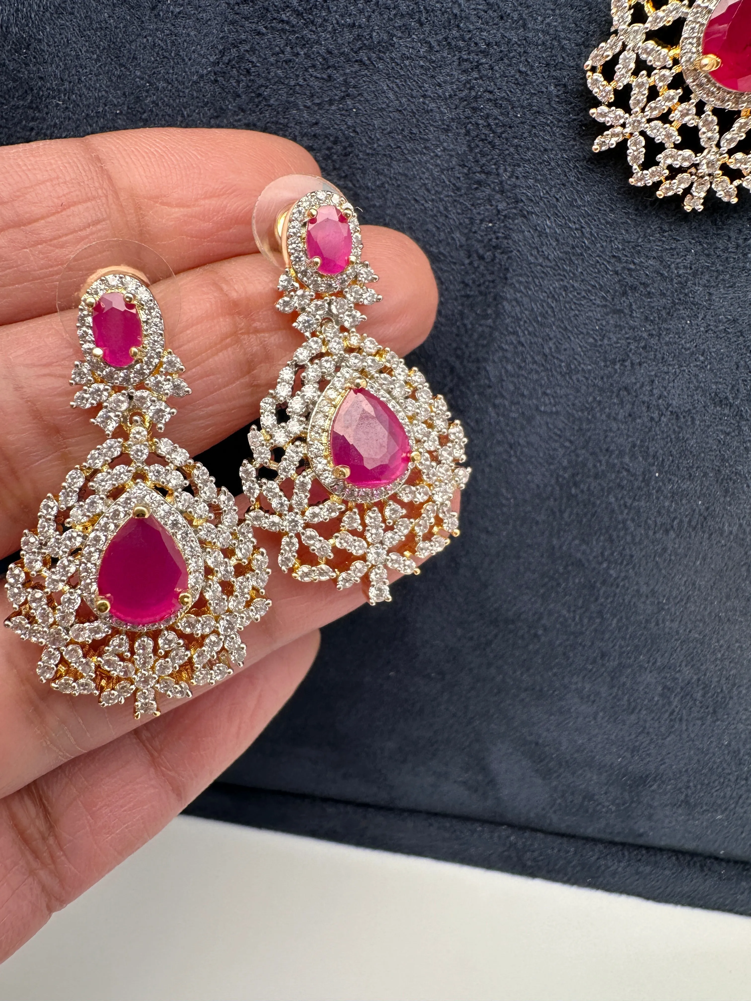 AD Diamond Finish Ruby Multi Layer Long  Necklace