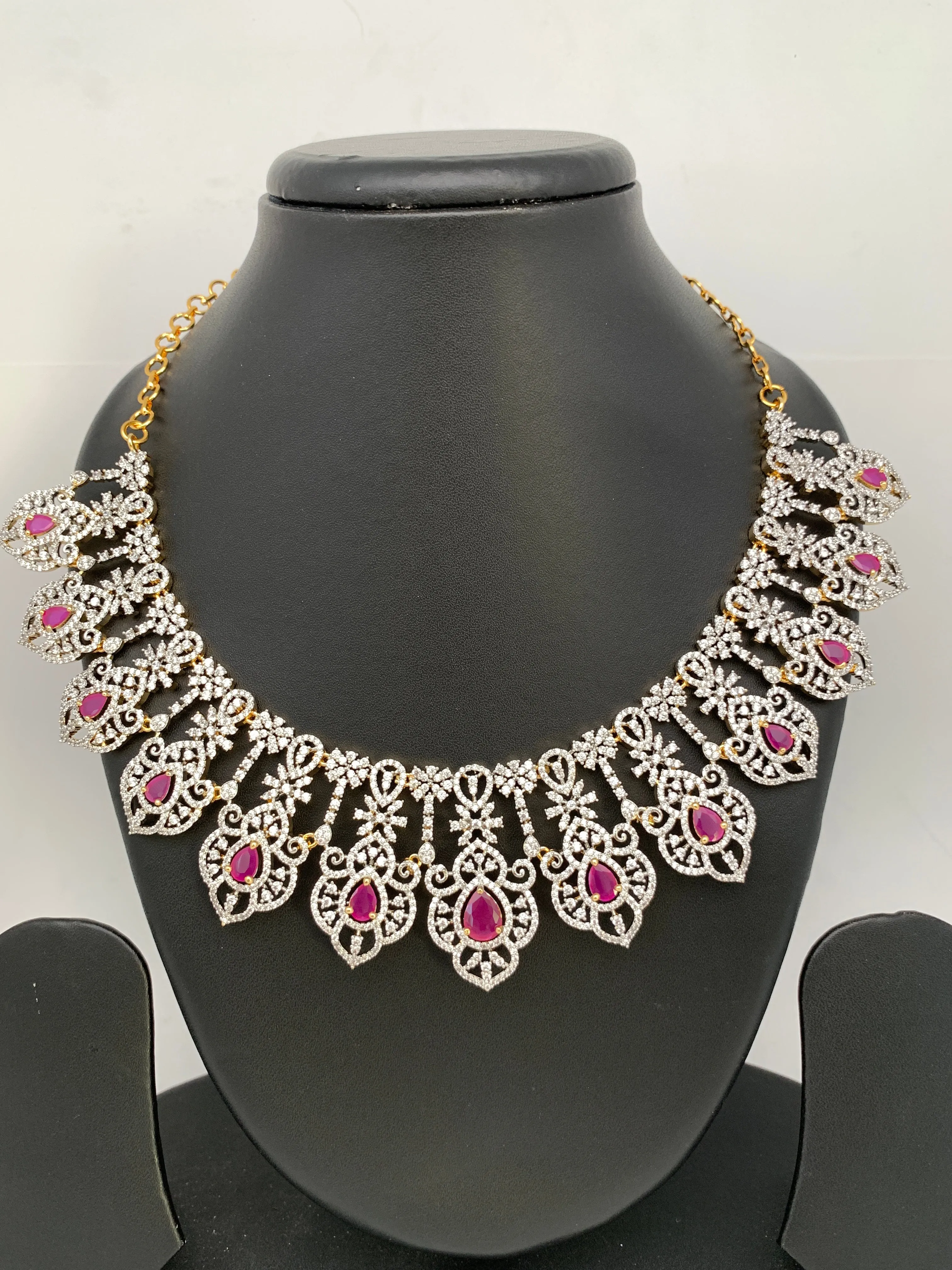 AD Ruby Red Stone Neckline Short Necklace