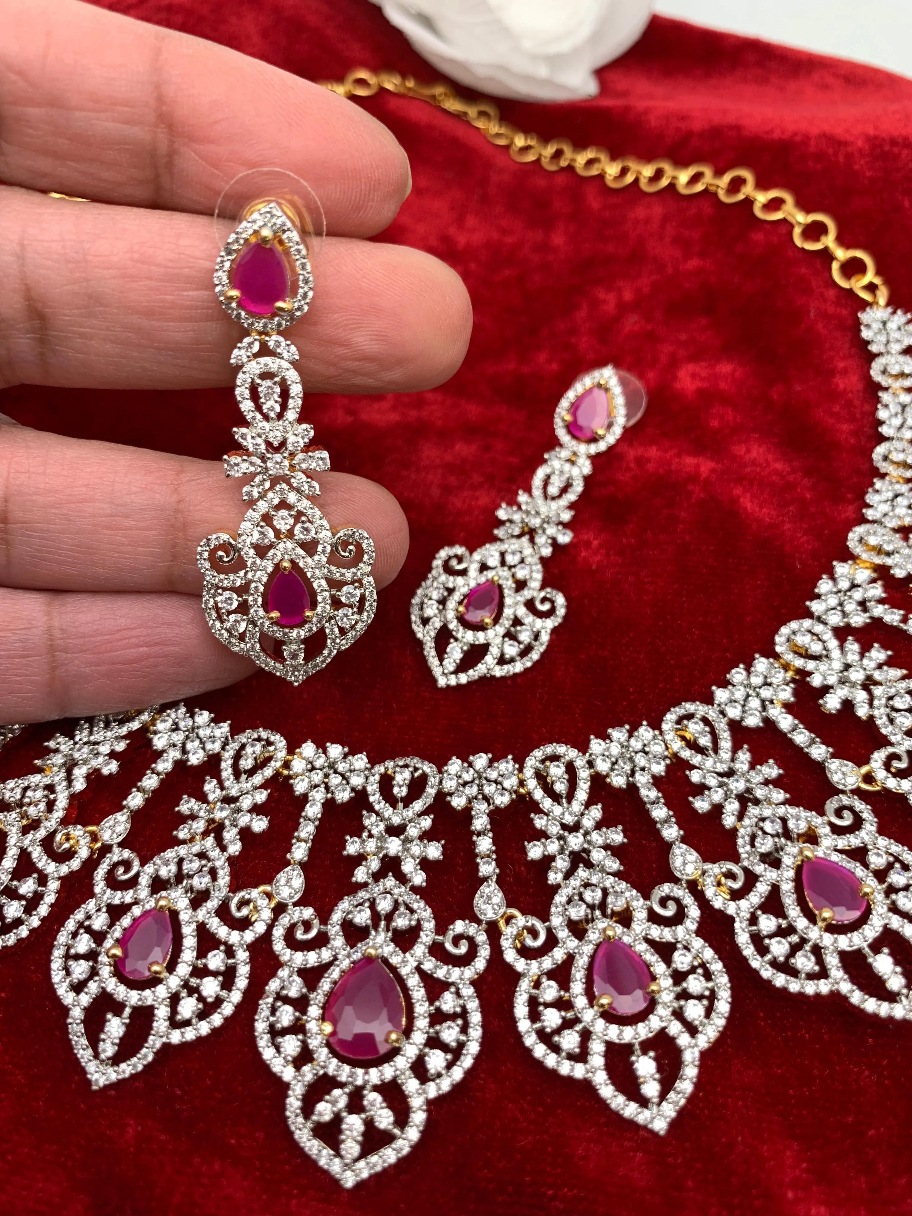 AD Ruby Red Stone Neckline Short Necklace
