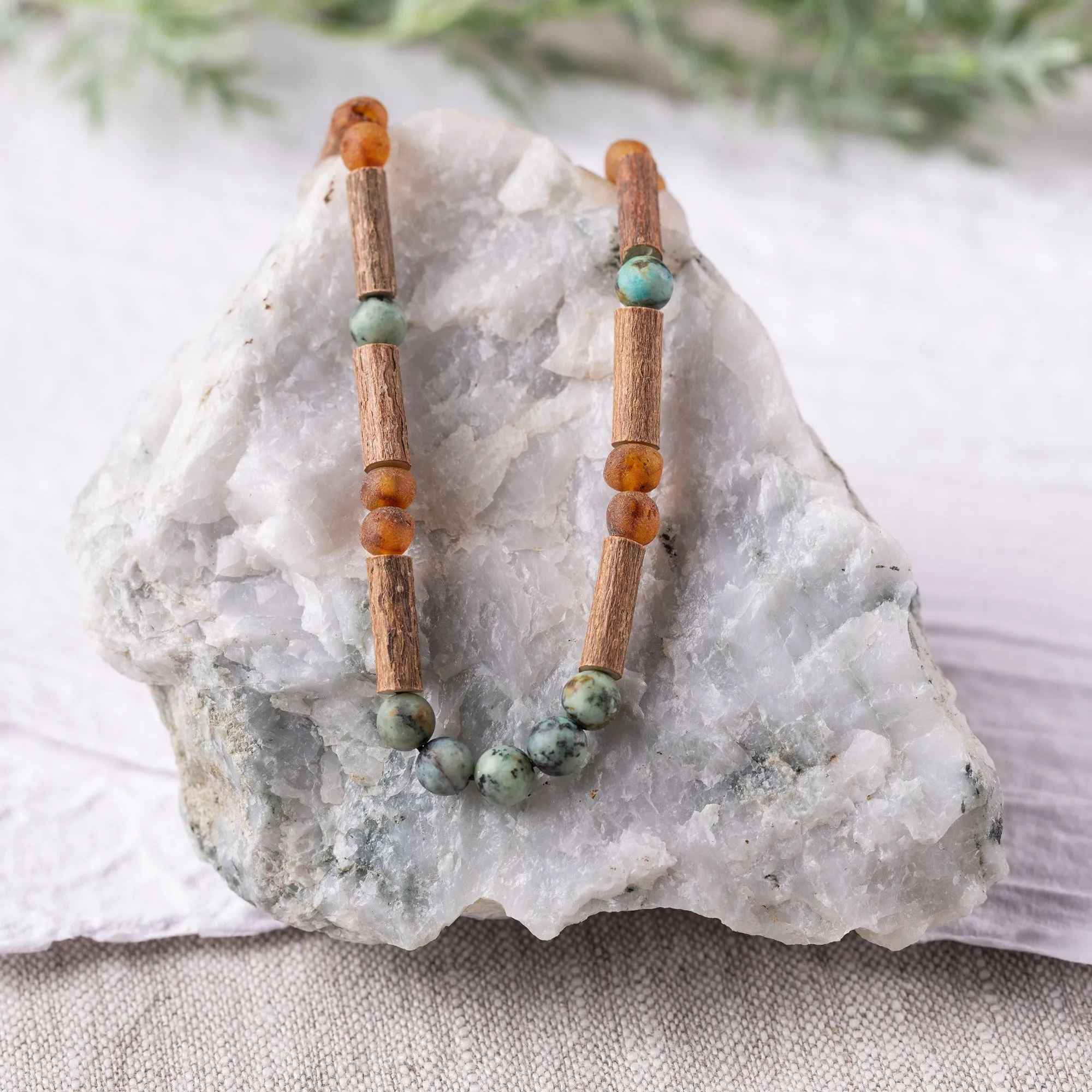 Adults | African Turquoise   Raw Cognac Amber Hazelwood Necklace