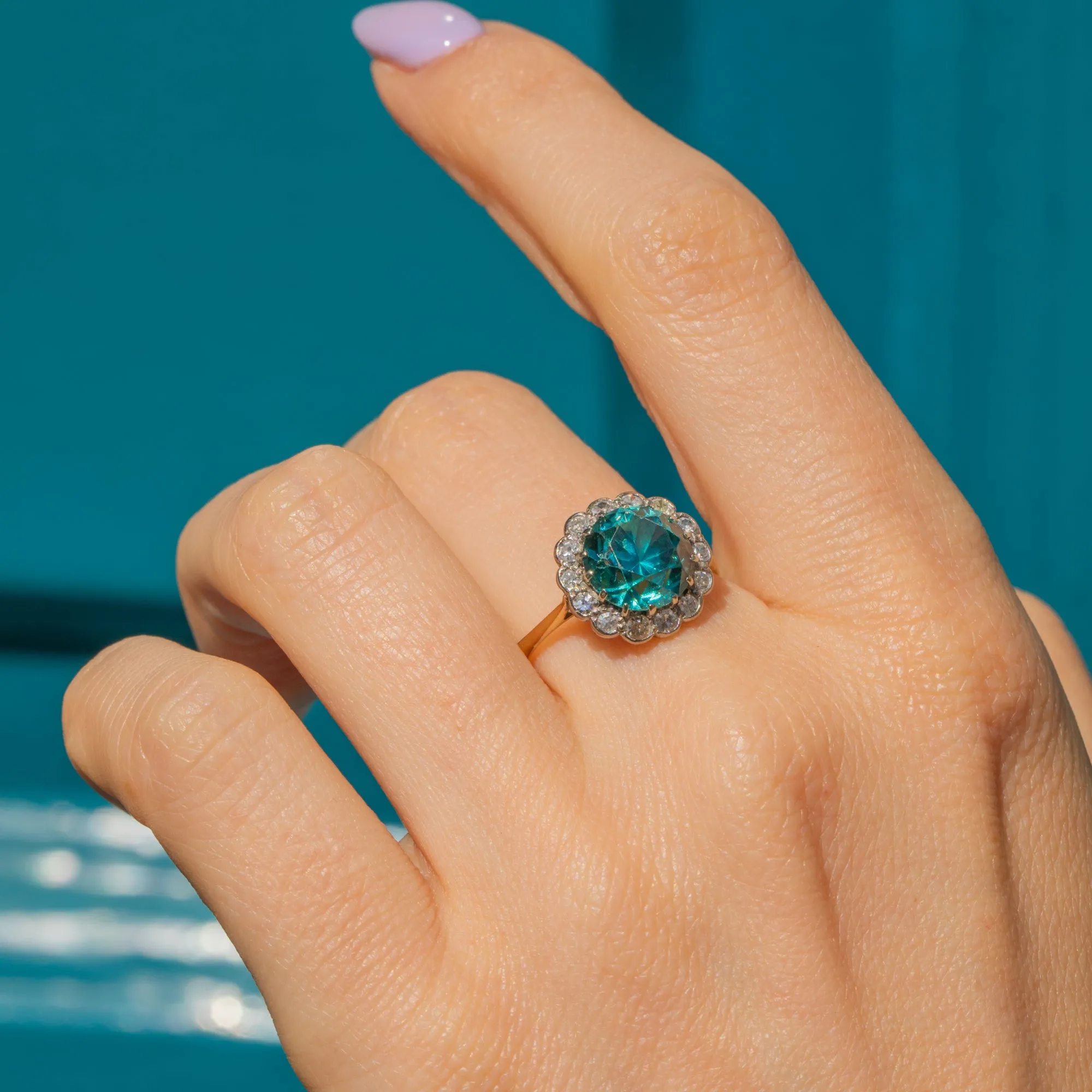 Antique 18ct Gold Blue Zircon Diamond Cluster Ring, 4.00ct